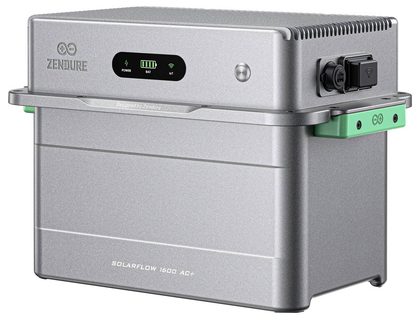 Zendure SolarFlow 1600 AC+ Batterieeinheit mit silbernem Gehäuse, vorderes Display zeigt Leistung und Batteriezustand an, und seitlicher Stromstecker.