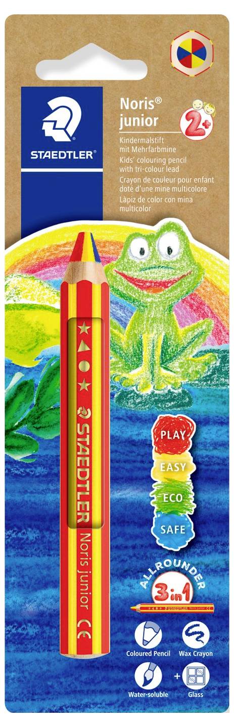 Produktbild eines STAEDTLER Noris junior roten Buntstifts mit Froschillustration auf der Verpackung, „3 in 1"-Kennzeichnung und Sicherheitszeichen für Kinder.