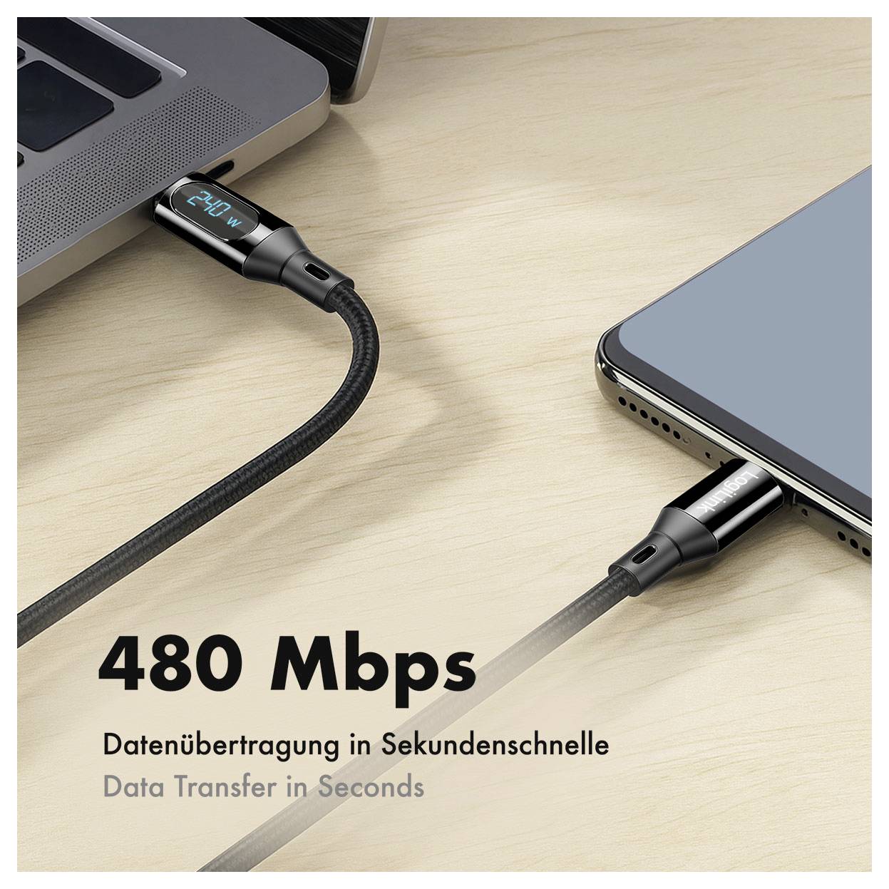 Smartphone per Kabel mit einem Laptop verbunden, zeigt "480 Mbps" an und den Text "Datenübertragung in Sekundenschnelle"/"Datenübertragung in Sekundenschnelle".