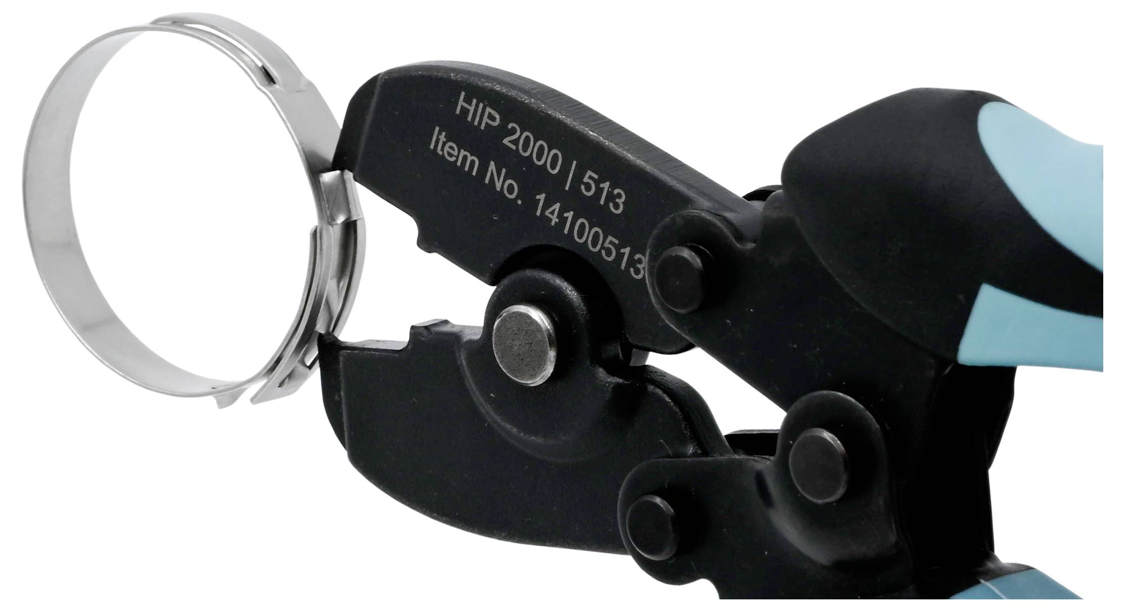 Nahaufnahme eines schwarzblauen Werkzeugs mit einem Metallring und Verschlussmechanismus, beschriftet mit „HIP 2000 / 513" und „Artikelnummer 14100513".