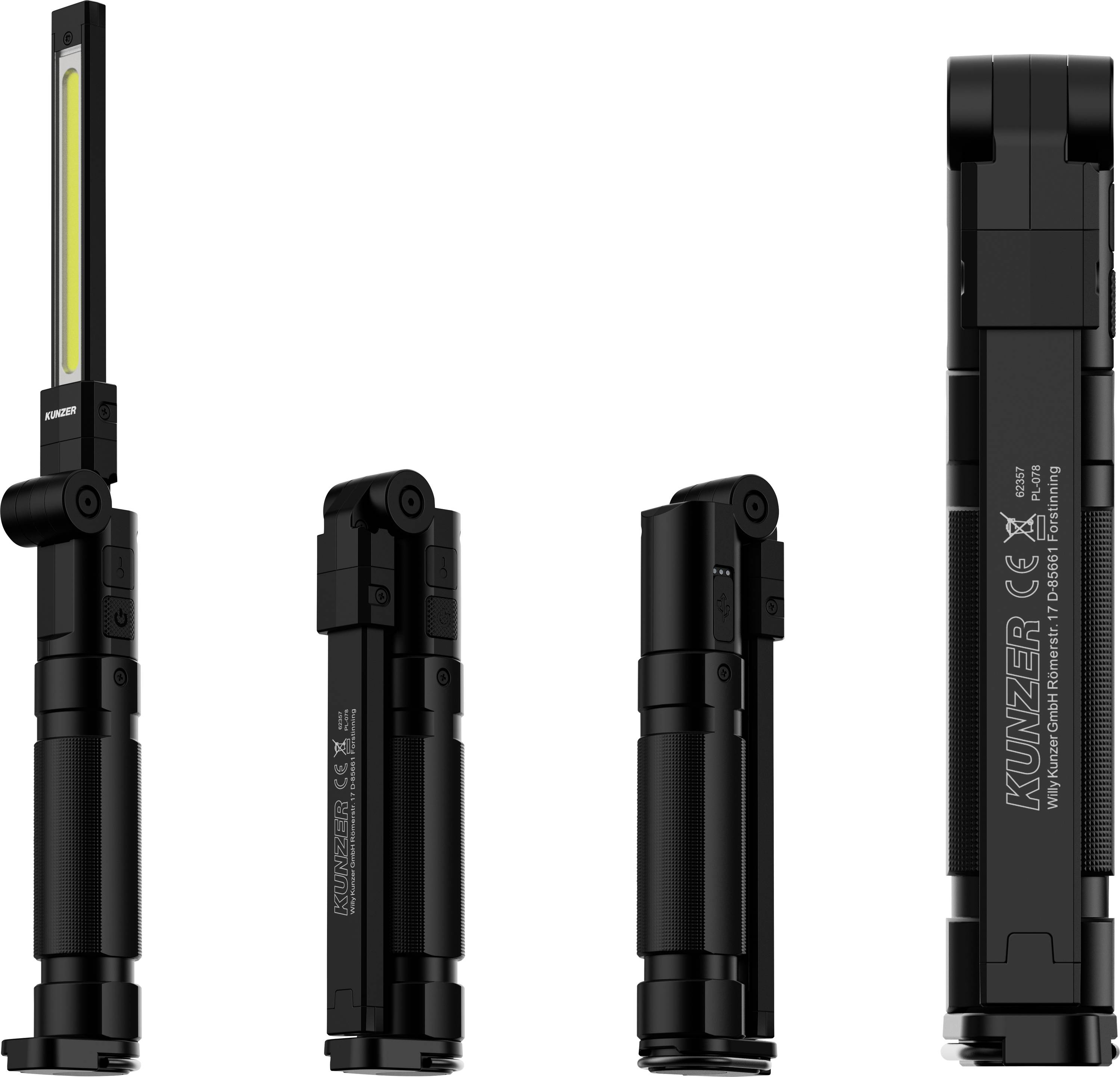 Schwarze faltbare LED-Arbeitsleuchte in vier Ansichten: ausgeklappt, eingeklappt und Nahaufnahme von hinten, die ihr kompaktes Design und den Clip-on-Körper hervorhebt.