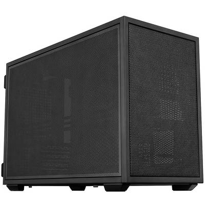 Schwarzer Desktop-Computer-Tower mit Netzstofffront und Seitenpaneelen, perspektivisch auf weißem Hintergrund dargestellt.
