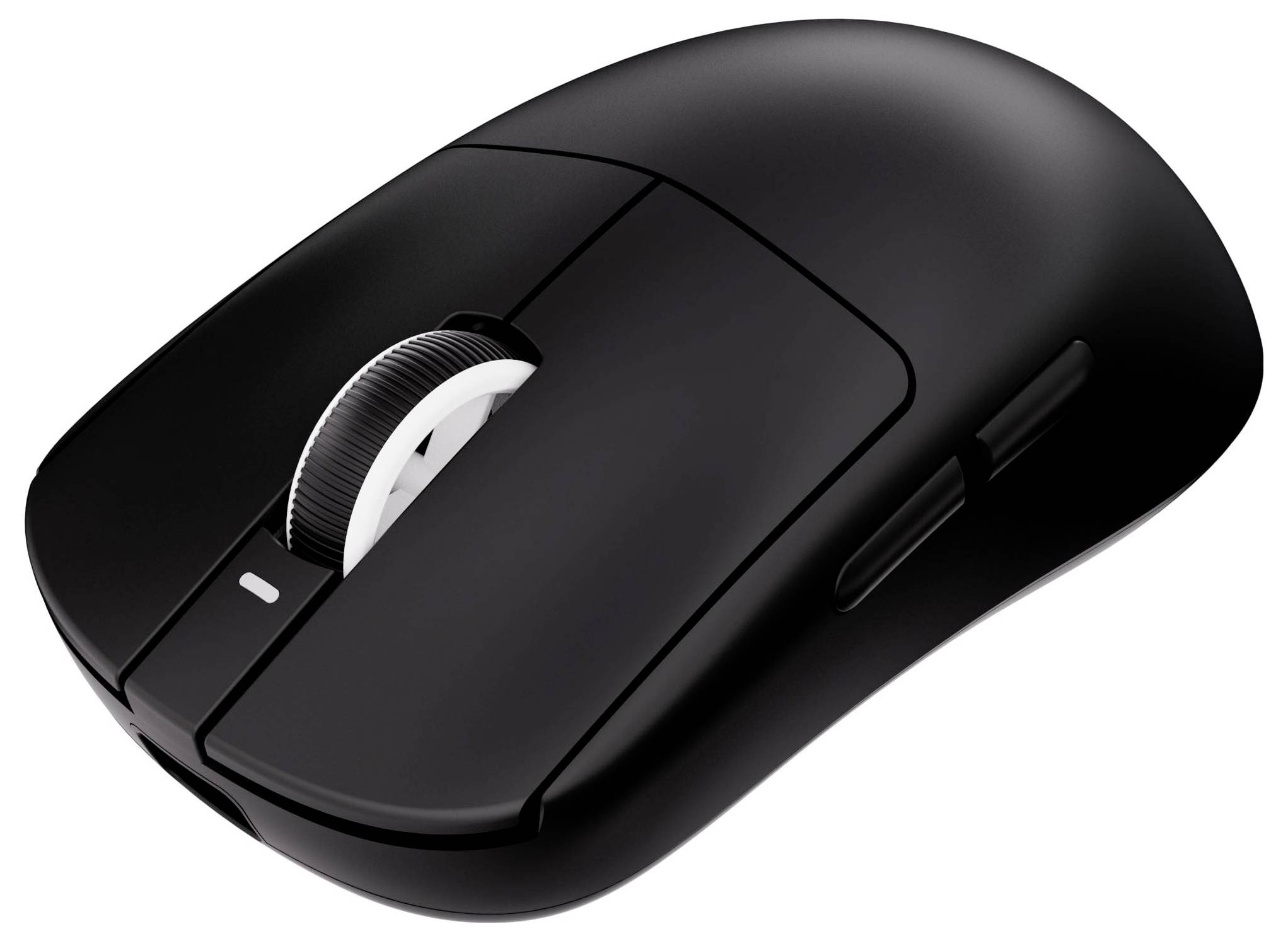 Schwarze kabellose Computermaus mit Scrollrad und Seitentasten auf weißem Hintergrund