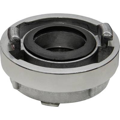 Nahaufnahme einer Metallfeuer-Schlauchkupplung oder eines Adapters mit einer schwarzen Gummidichtung und Verschlussnocken.