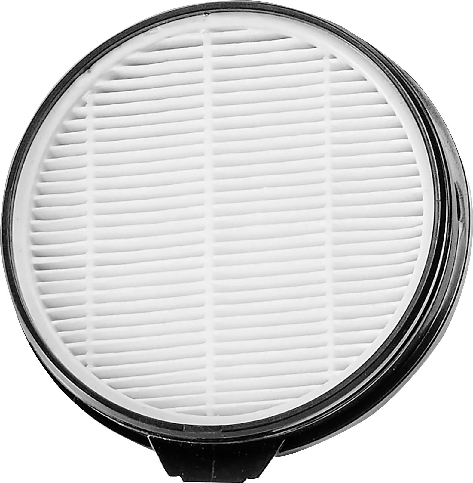 Rundes weißes gefaltetes Luftfilter mit schwarzem Rahmen, Vorderansicht auf neutralem Hintergrund dargestellt.