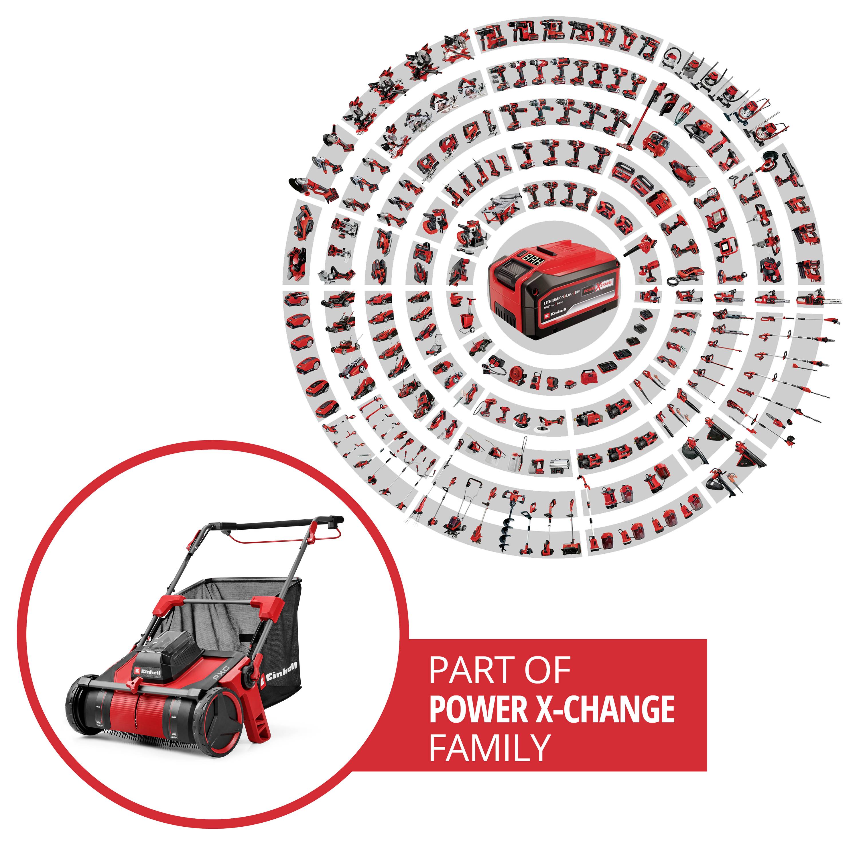 Werbegrafik mit einem roten kabellosen Rasenmäher in einem Kreis, mit einer radialen Anzeige von kompatiblen Power X-Change-Werkzeugen und Batterien sowie dem Text „TEIL DER POWER X-CHANGE FAMILIE".