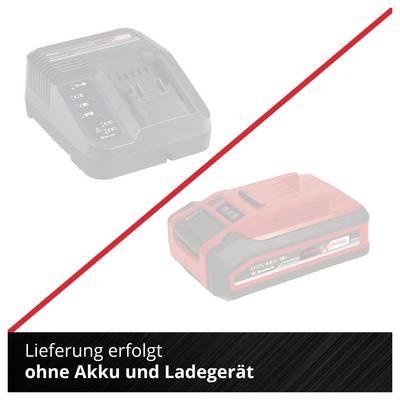 Hinweisgrafik: Lieferung erfolgt ohne Akku und Ladegerät; Akku und Ladegerät sind durch rote Diagonale durchgestrichen dargestellt.