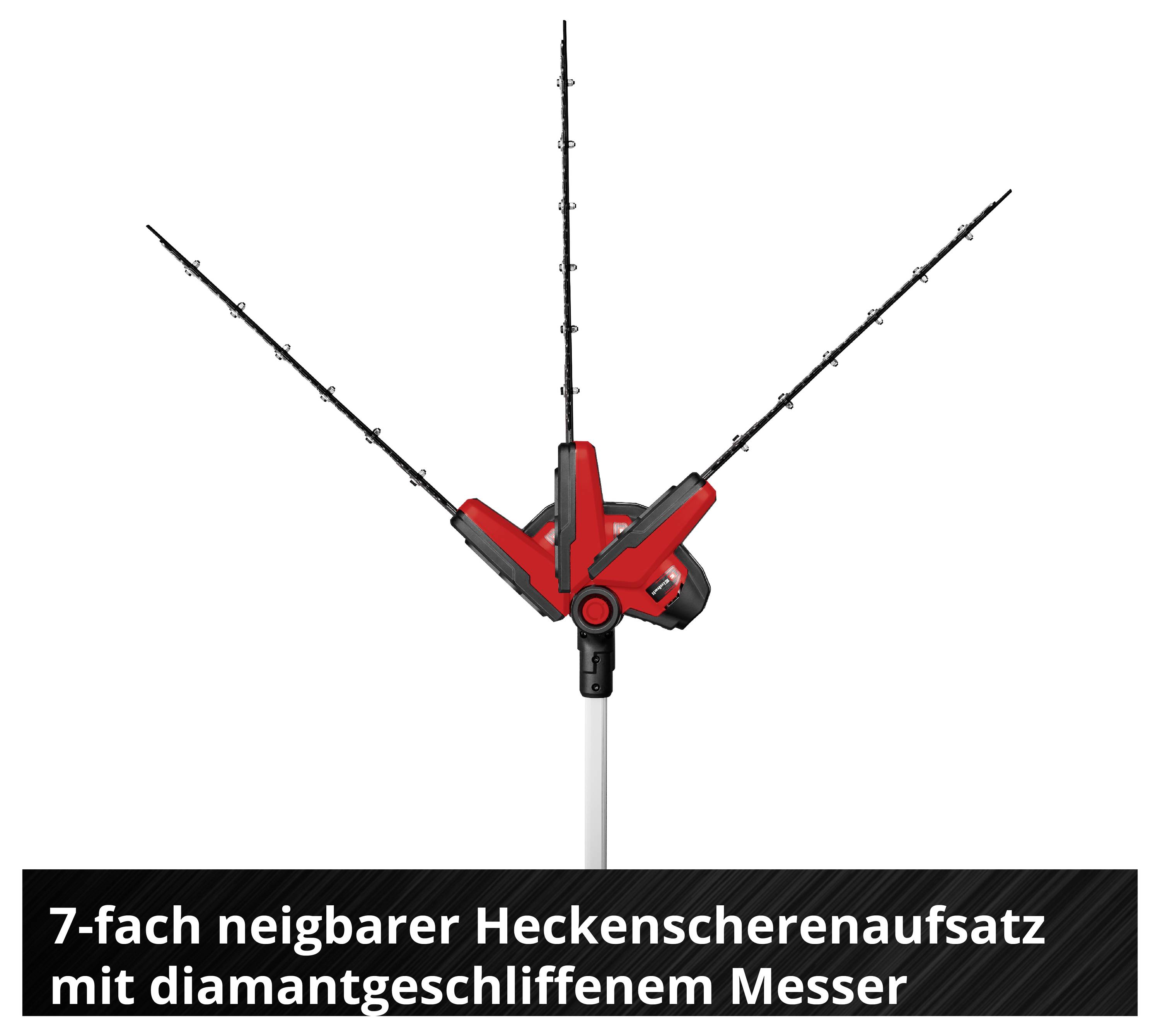 Heckenscherenaufsatz mit drei ausklappbaren Messern; Beschriftung: '7-fach neigbarer Heckenscherenaufsatz mit diamantgeschliffenem Messer'.