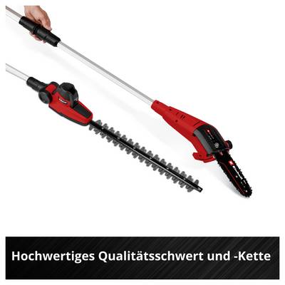 Zwei rot-schwarze Hochentaster: oben mit Schwert und Kette, unten mit Heckenscherenaufsatz; darunter Text 'Hochwertiges Qualitätsschwert und -Kette'.