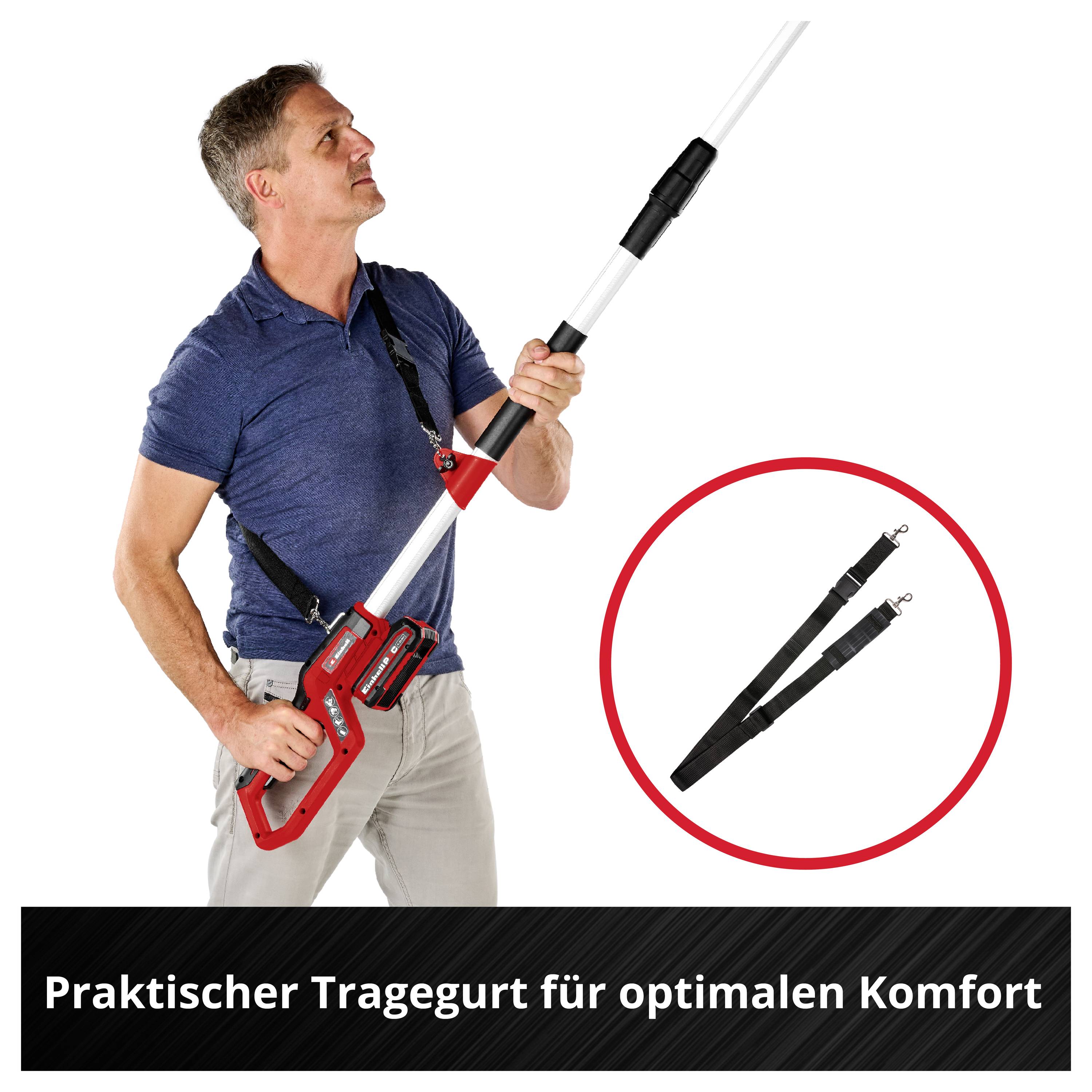 Mann zeigt eine lange Teleskopstange mit Tragegurt; rechts ist der Gurt im roten Kreis vergrößert dargestellt. Unten steht 'Praktischer Tragegurt für optimalen Komfort'.