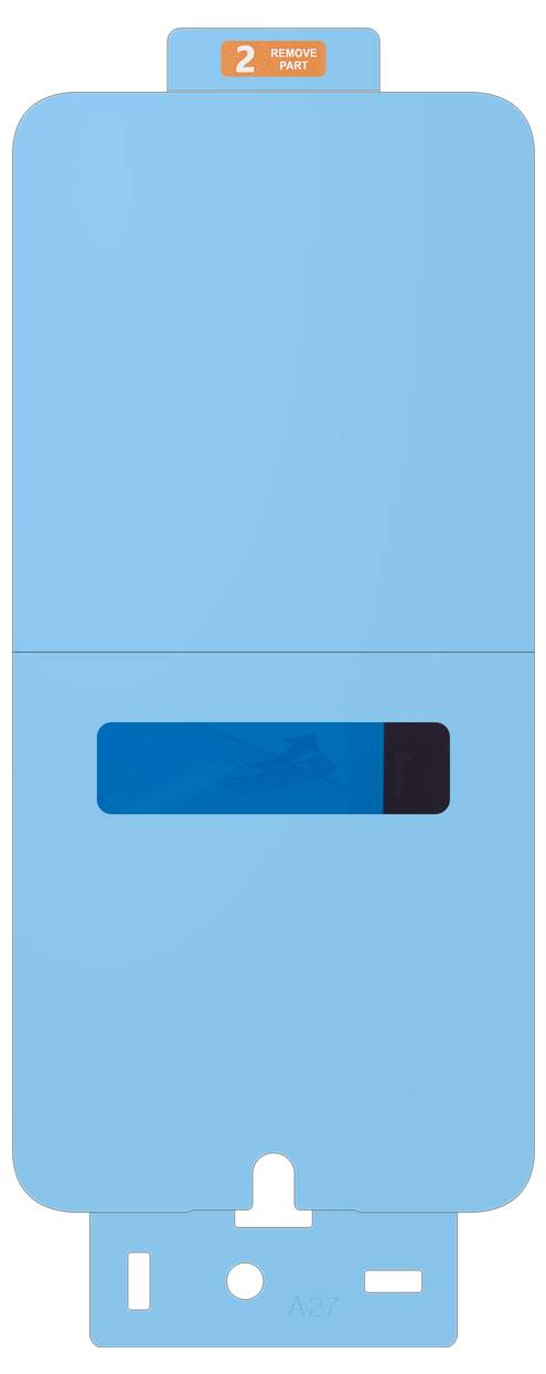 Darstellung eines blauen Kunststofforders oder einer Aktenmappe mit einer Lasche oben mit der Aufschrift "2 Remove part" und einem dunkelblau gefärbten Schiebeschalter auf der Vorderseite, mit einer unteren Verriegelungsbasis.