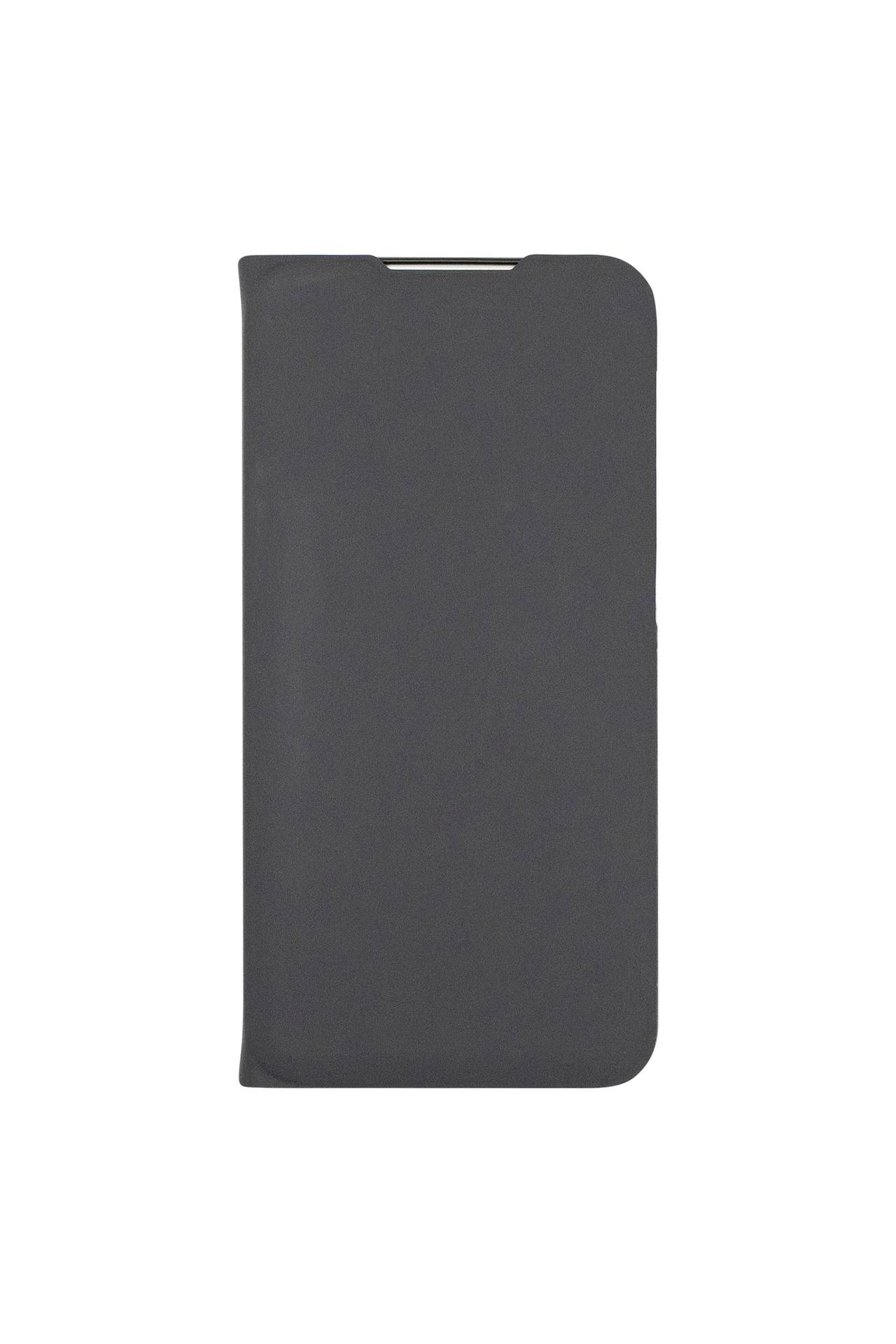 Dunkelgraue Smartphone-Folio-Schutzhülle mit Vorderdeckel und oberer Aussparung, dargestellt auf weißem Hintergrund.