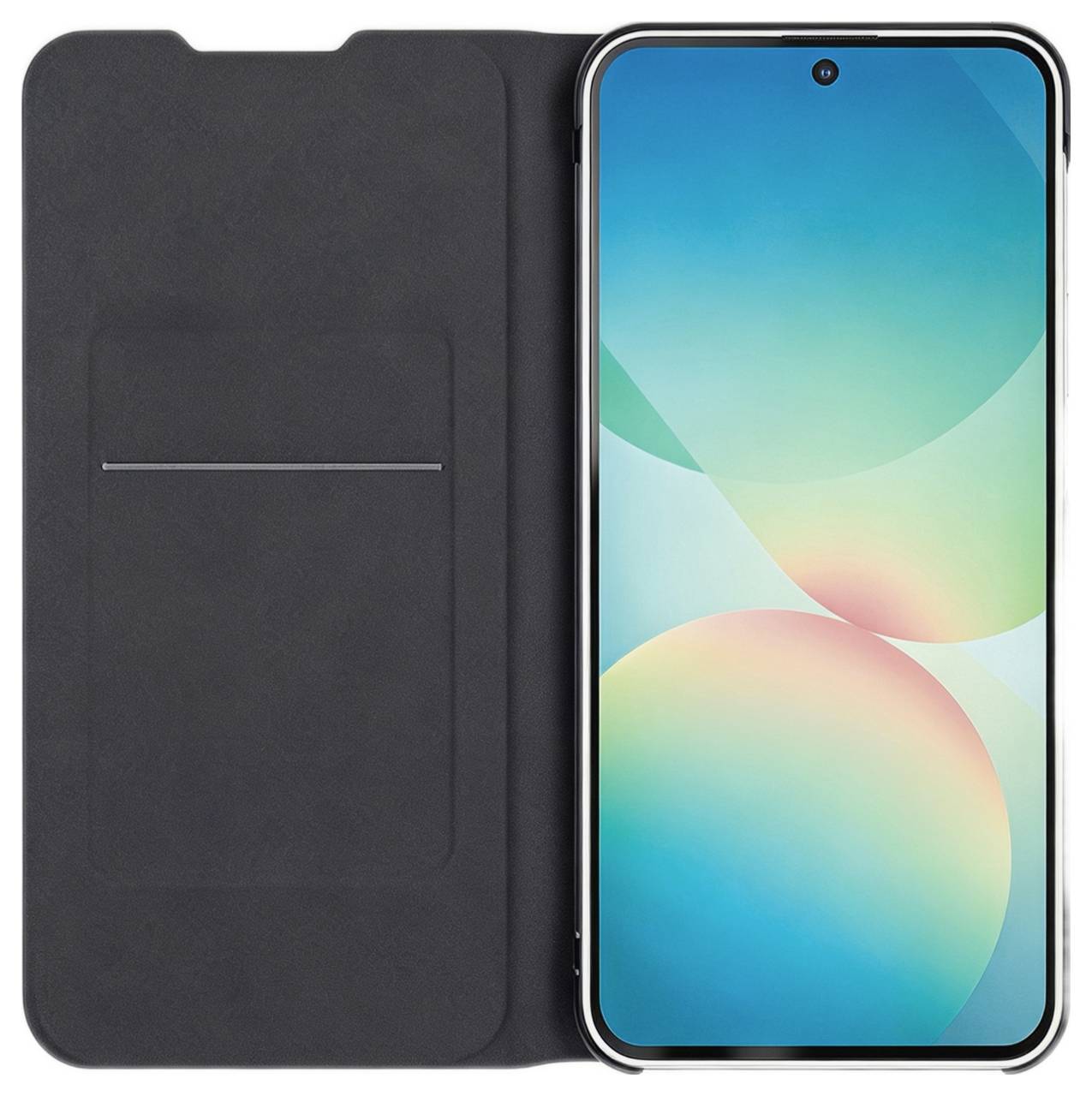 Offene schwarze Folio-Handyhülle mit einem Smartphone im Inneren, das einen farbenfrohen abstrakten Bildschirm zeigt.