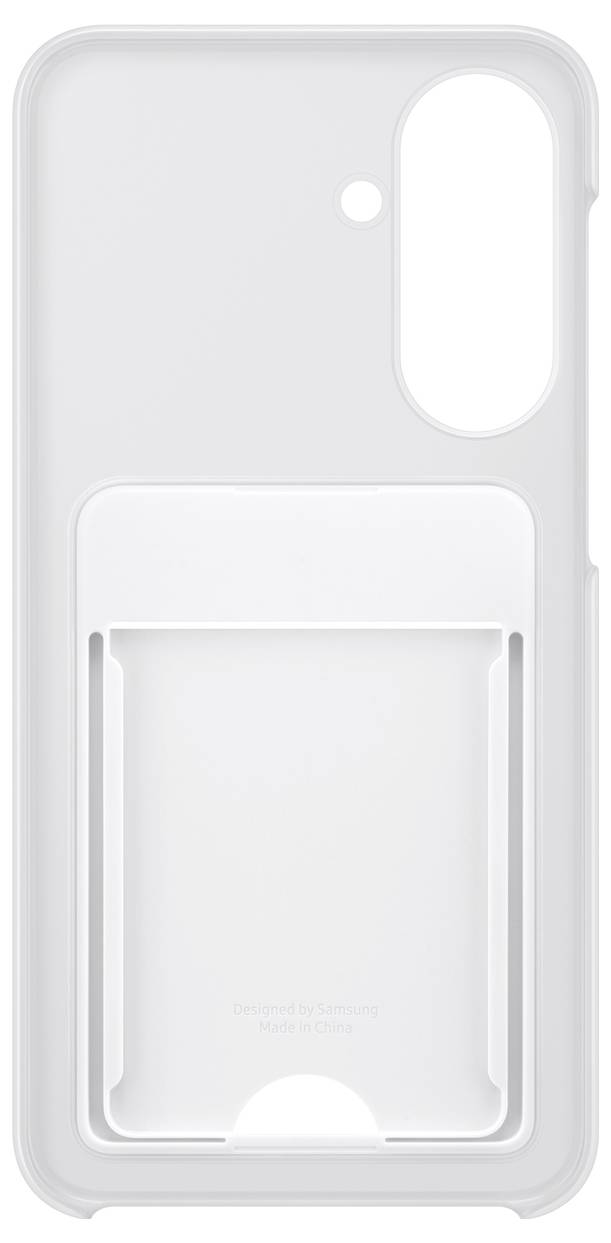 Transparente weiße Handyhülle mit eingebautem rechteckigem Kartenhalter auf der Rückseite und Kameraausschnitt oben.