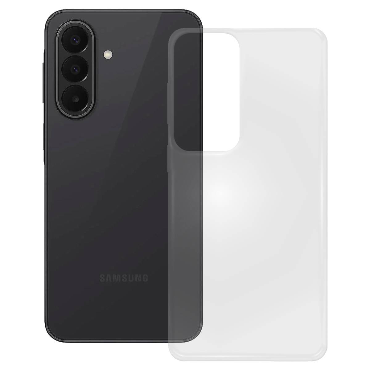 Schwarzes Samsung-Smartphone mit transparenter Schutzhülle, die das rückwärtige Dreifach-Kamera-Design und die Passform der Hülle hervorhebt.