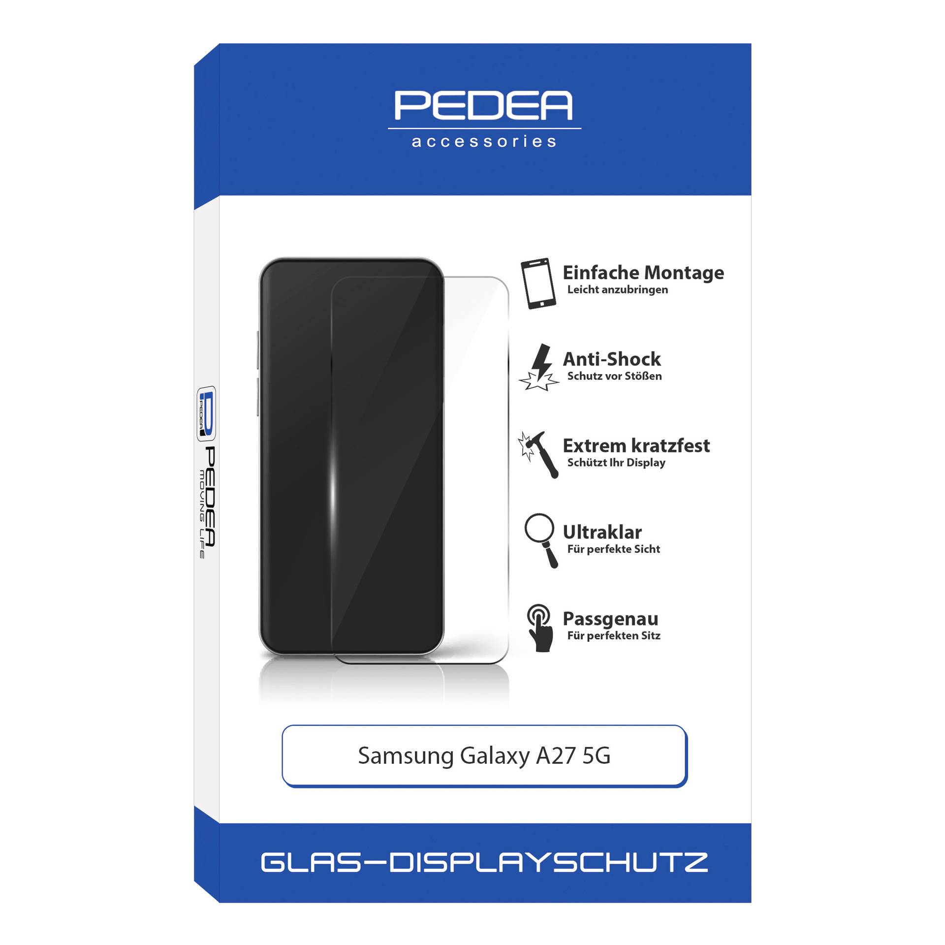 Paket für PEDEA Zubehör Glasschutzfolie für Samsung Galaxy A27 5G, zeigt Handyhülle-Bild und Funktionen: einfache Installation, stoßfest, kratzfest, ultra-klar, präzise Passform.