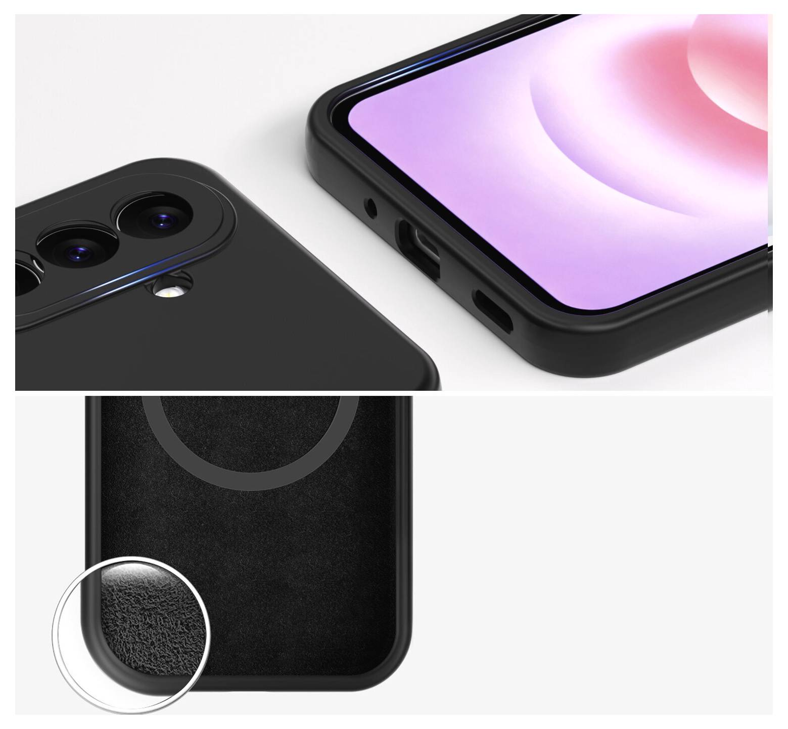 Nahaufnahme eines schwarzen Smartphones und einer Schutzgehäuse, die Dual-Rückkameras, Aussparungen für den Ladeanschluss und ein strukturiertes Griffdetail hervorheben.