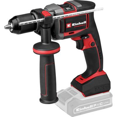 Cordlose Schlagbohrmaschine mit Seitengriff und Tiefenlehre, schwarz und rot Einhell Professional Werkzeug auf weißem Hintergrund dargestellt.