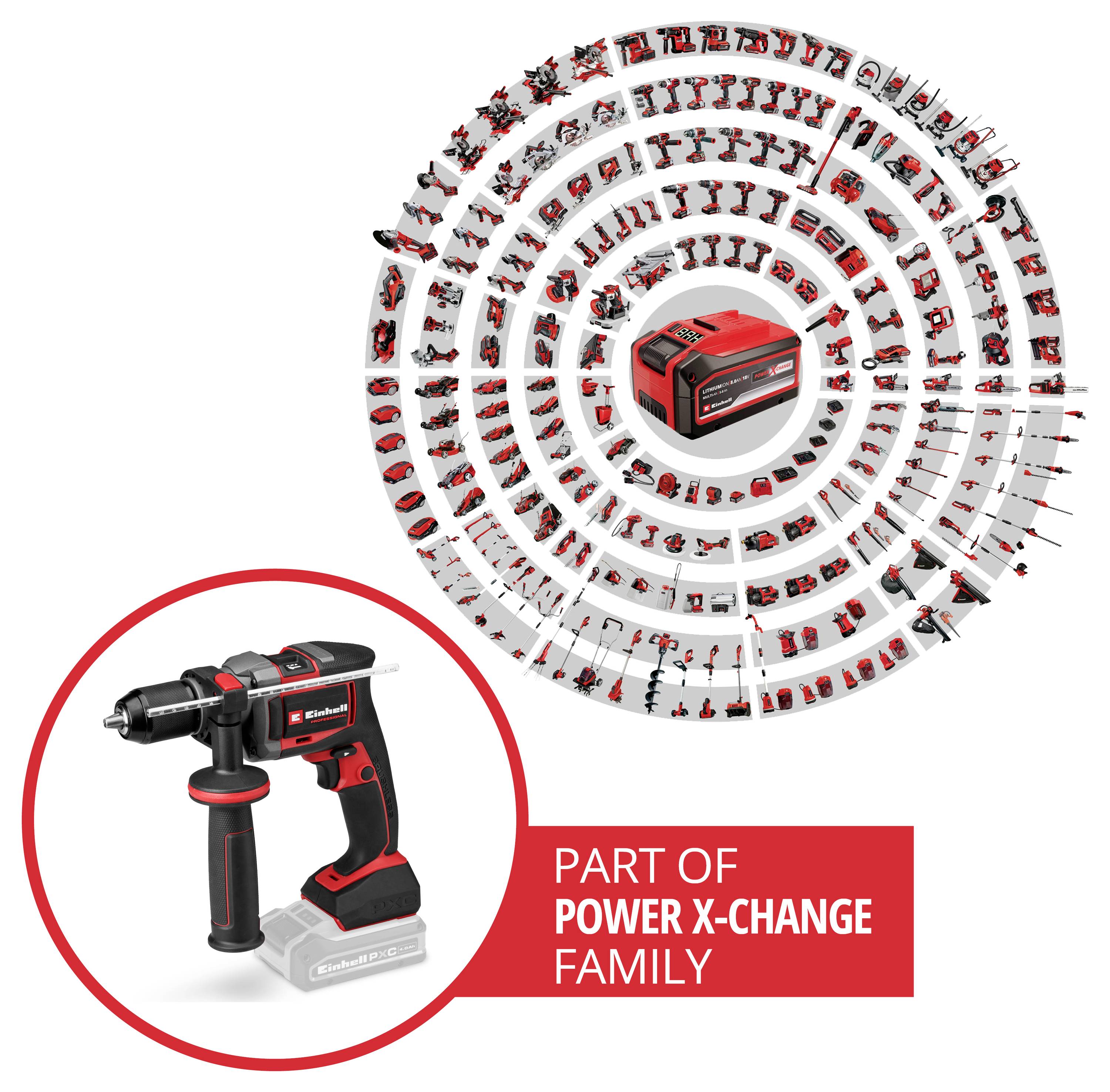 Abbildung eines Einhell-Akkubohrers und eines Akkus, die zeigen, dass er Teil der Familie „Power X-Change" mit vielen kompatiblen Werkzeugen in einer kreisförmigen Anordnung ist.