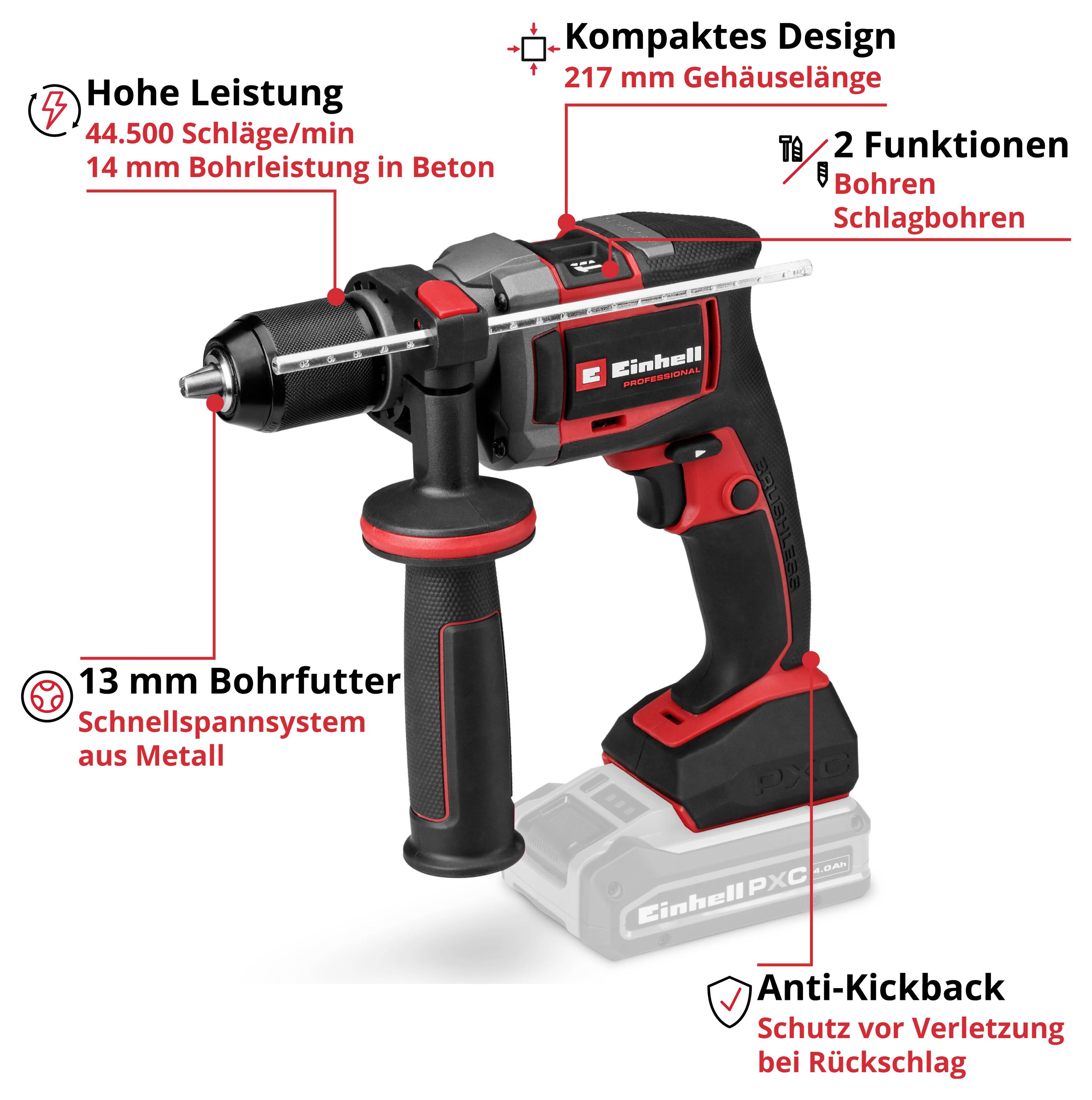Produktbild einer Akku-Schlagbohrmaschine mit Beschriftungen: 44.500 Schläge/min, 14 mm Bohrleistung in Beton, 13 mm Metall-Bohrfutter, 217 mm Gehäuselänge, 2 Funktionen: Bohren und Schlagbohren, Anti-Kickback-Schutz.
