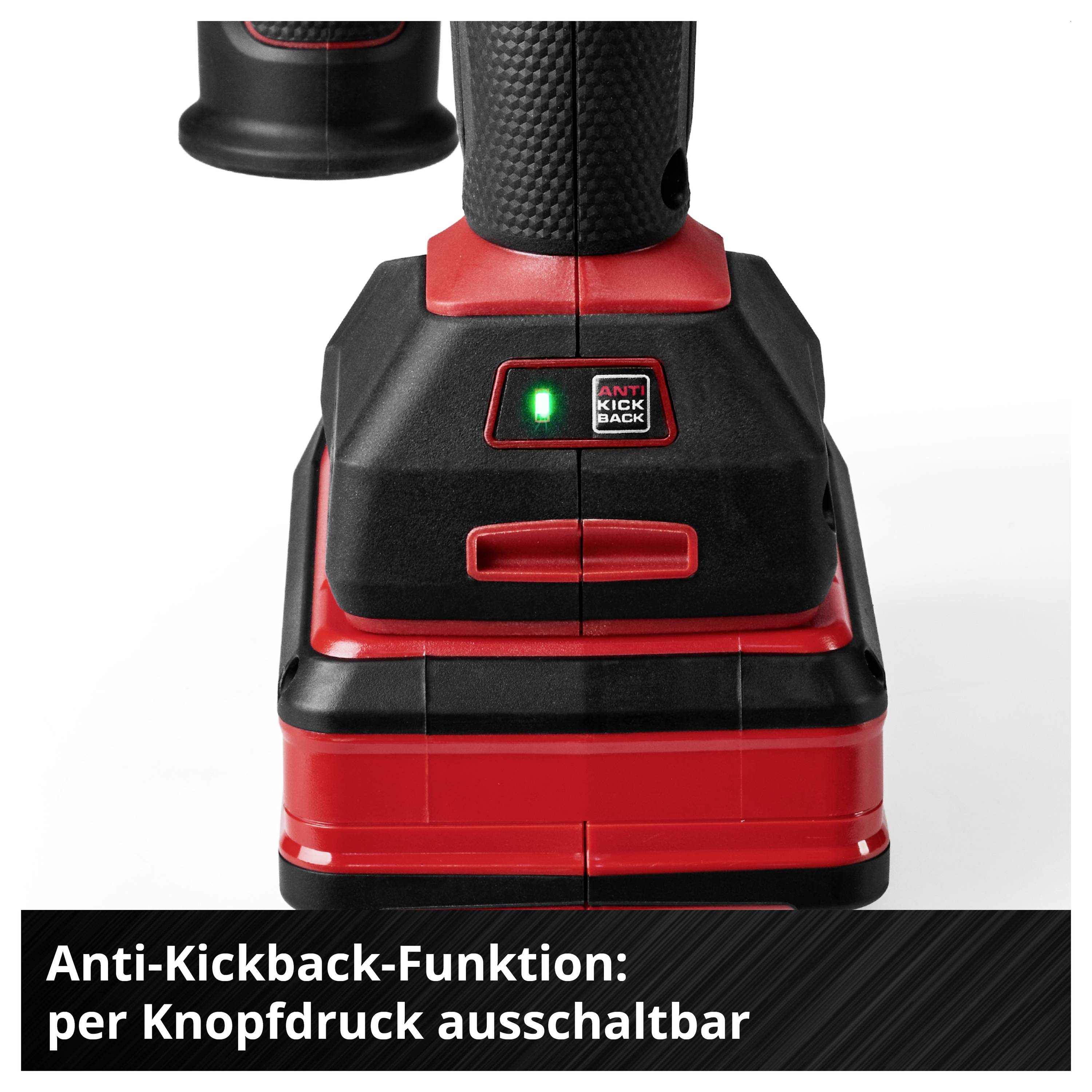 Akkuschrauber mit Anti-Kickback-Anzeige; eingeblendeter Text: 'Anti-Kickback-Funktion: per Knopfdruck ausschaltbar'