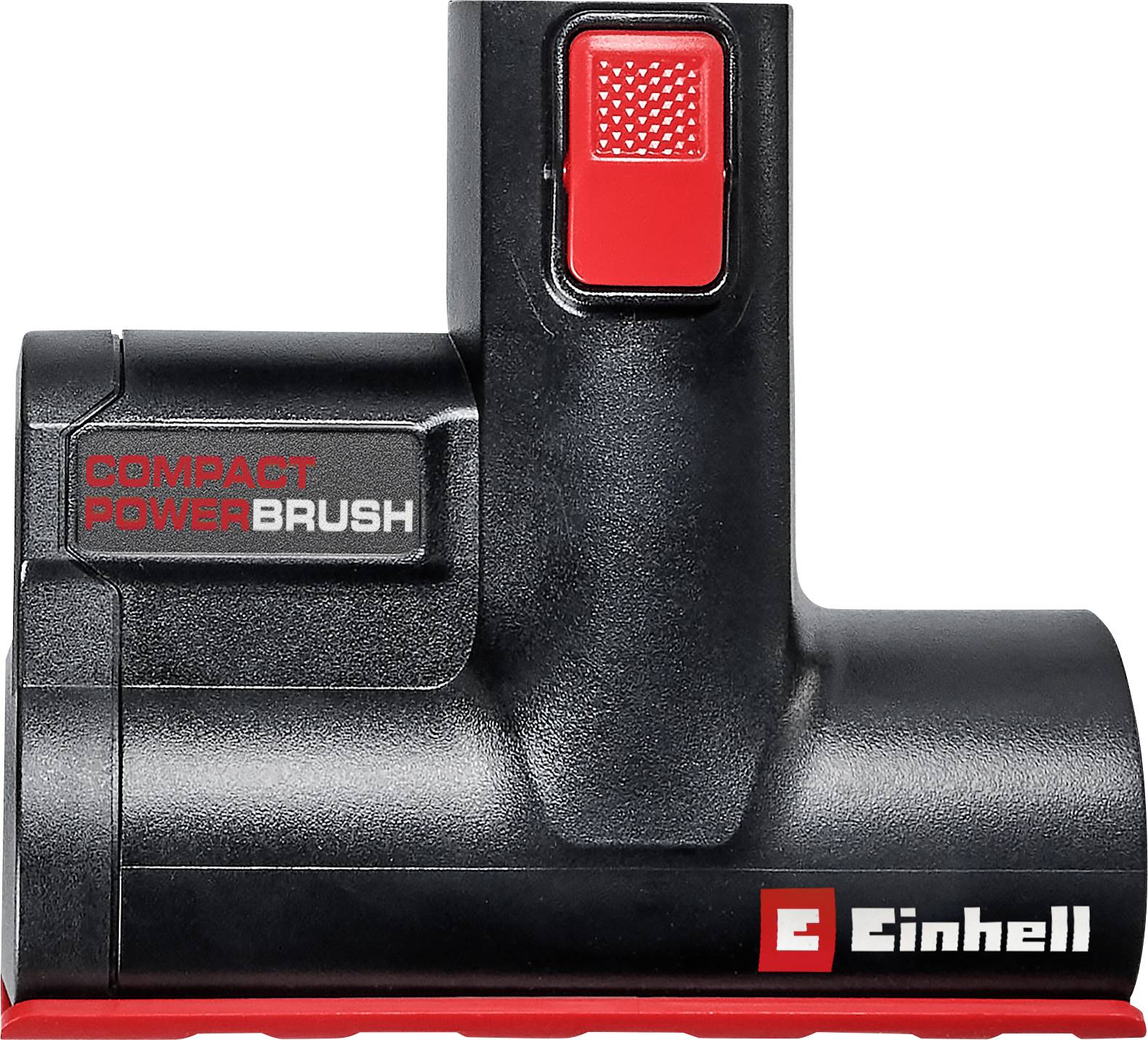 Nahaufnahme einer Einhell-Vakuumdüse 'Compact PowerBrush' mit rotem Freigabeknopf auf einem schwarz-roten Werkzeugkopf.