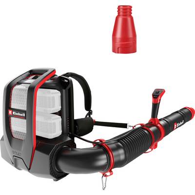 Rucksack-Laubblaserf mit schwarzem und rotem Schlauch, Bediengriff und abnehmbarer Düsenaufsatz auf weißem Hintergrund.