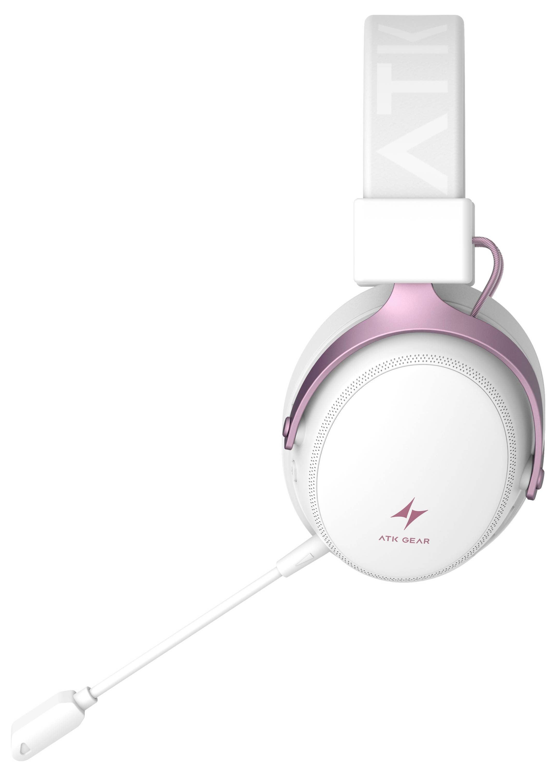 Rosa-weiße Over-Ear-Kopfhörer mit Boom-Mikrofon und sichtbarem „ATK GEAR"-Branding auf weißem Hintergrund.