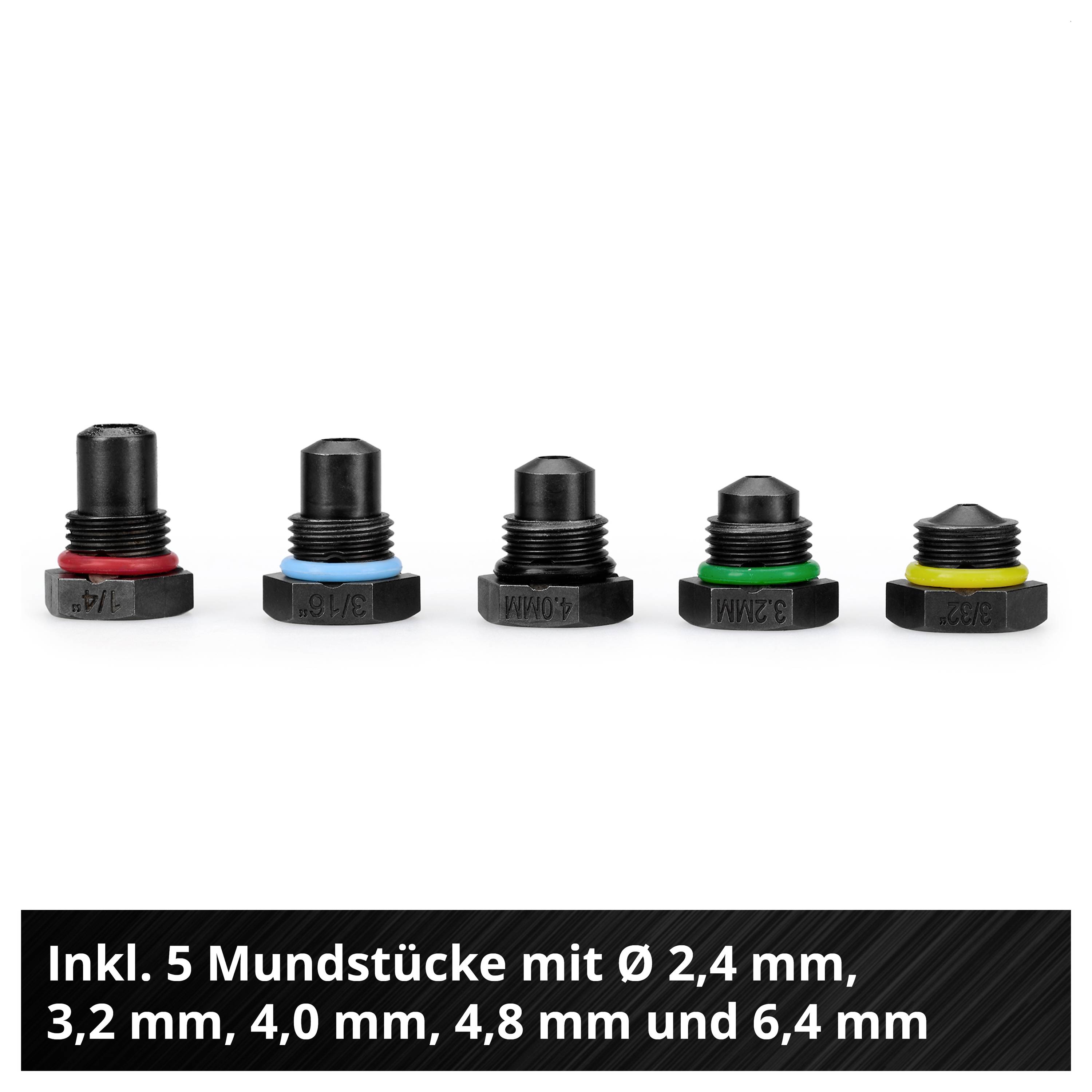 Fünf schwarze Mundstücke mit farbigen Ringen, beschriftet mit Durchmessern von 2,4 bis 6,4 mm; darunter der Hinweis 'Inkl. 5 Mundstücke mit Ø 2,4 mm, 3,2 mm, 4,0 mm, 4,8 mm und 6,4 mm'.