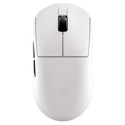 Weiße kabellose Computermaus von oben auf einfachem Hintergrund abgebildet, mit sichtbarem Scrollrad und Seitentasten.
