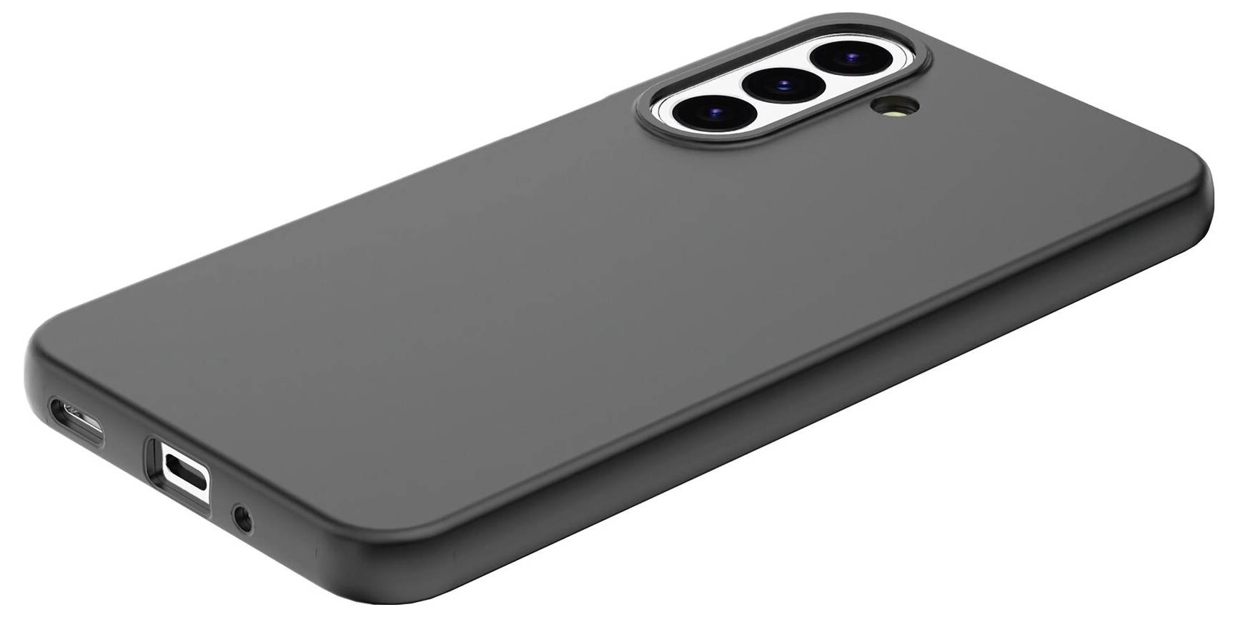 Schwarze Smartphone-Schutzhülle mit dreifachem Kameraausschnitt auf der Rückseite und Ladeanschluss-Öffnung, gezeigt auf weißem Hintergrund.