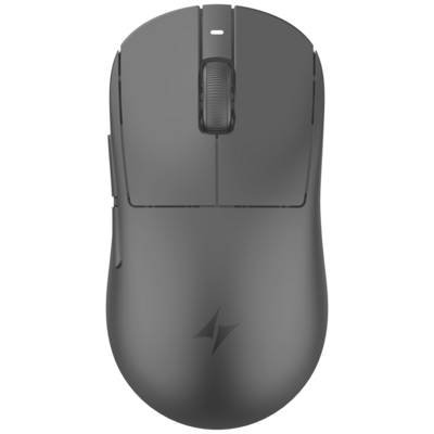 Graue kabellose Computermaus von oben auf weißem Hintergrund dargestellt, mit sichtbarem Scrollrad und linken/rechten Tasten.