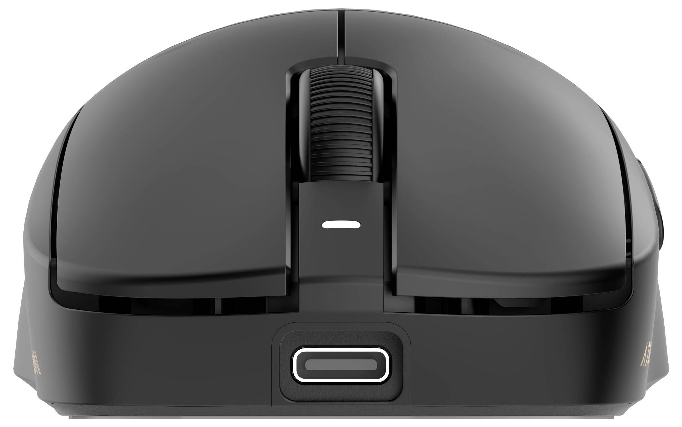 Frontansicht einer schwarzen Computermaus mit zentralem Scrollrad und USB-C-Ladeanschluss-Anzeige.