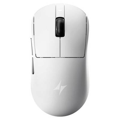 Weiße kabellose Computermaus mit schwarzem Scrollrad und Seitentasten, von oben auf neutralem Hintergrund dargestellt.