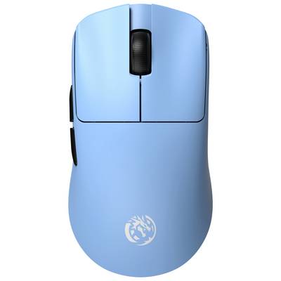 Blaue kabellose Computermaus mit Scrollrad und Seitentasten, von oben auf einfachem weißem Hintergrund gezeigt.