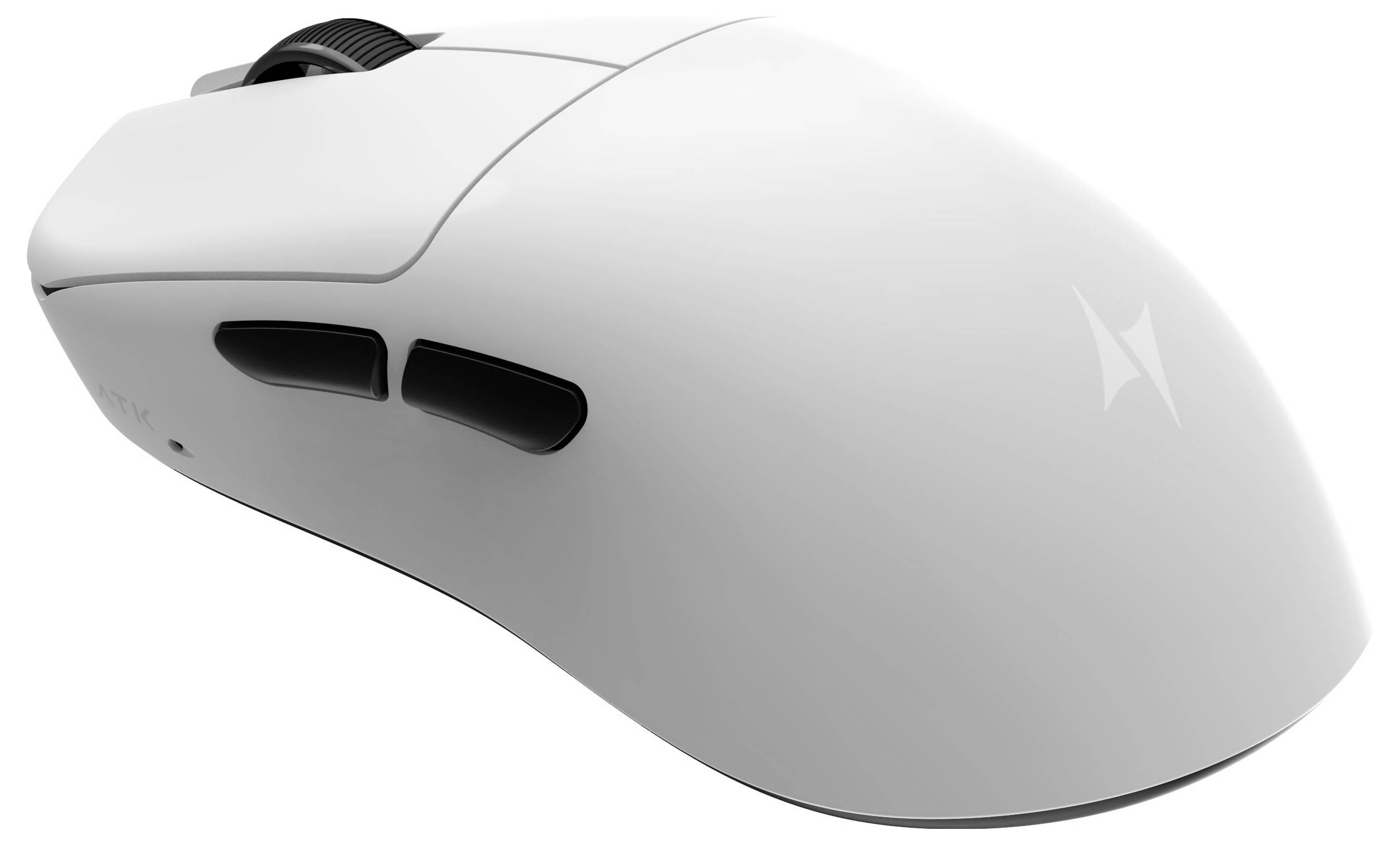 Weiße ergonomische Computermaus mit zwei Seitentasten und Scrollrad, dargestellt auf weißem Hintergrund.
