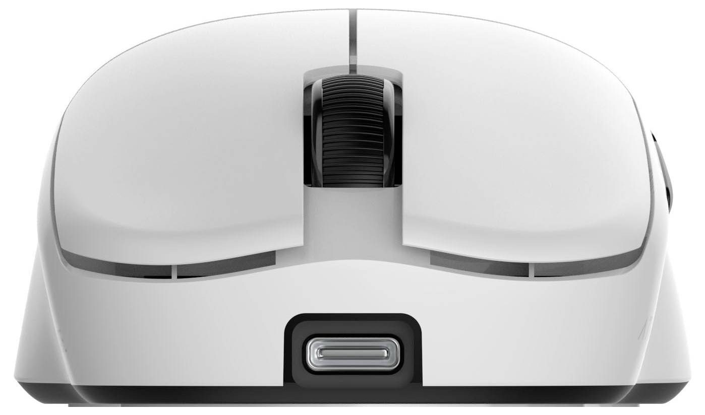 Vorderansicht einer weißen Computermaus mit einem zentralen Scrollrad und USB-C-Anschluss an der Vorderseite.
