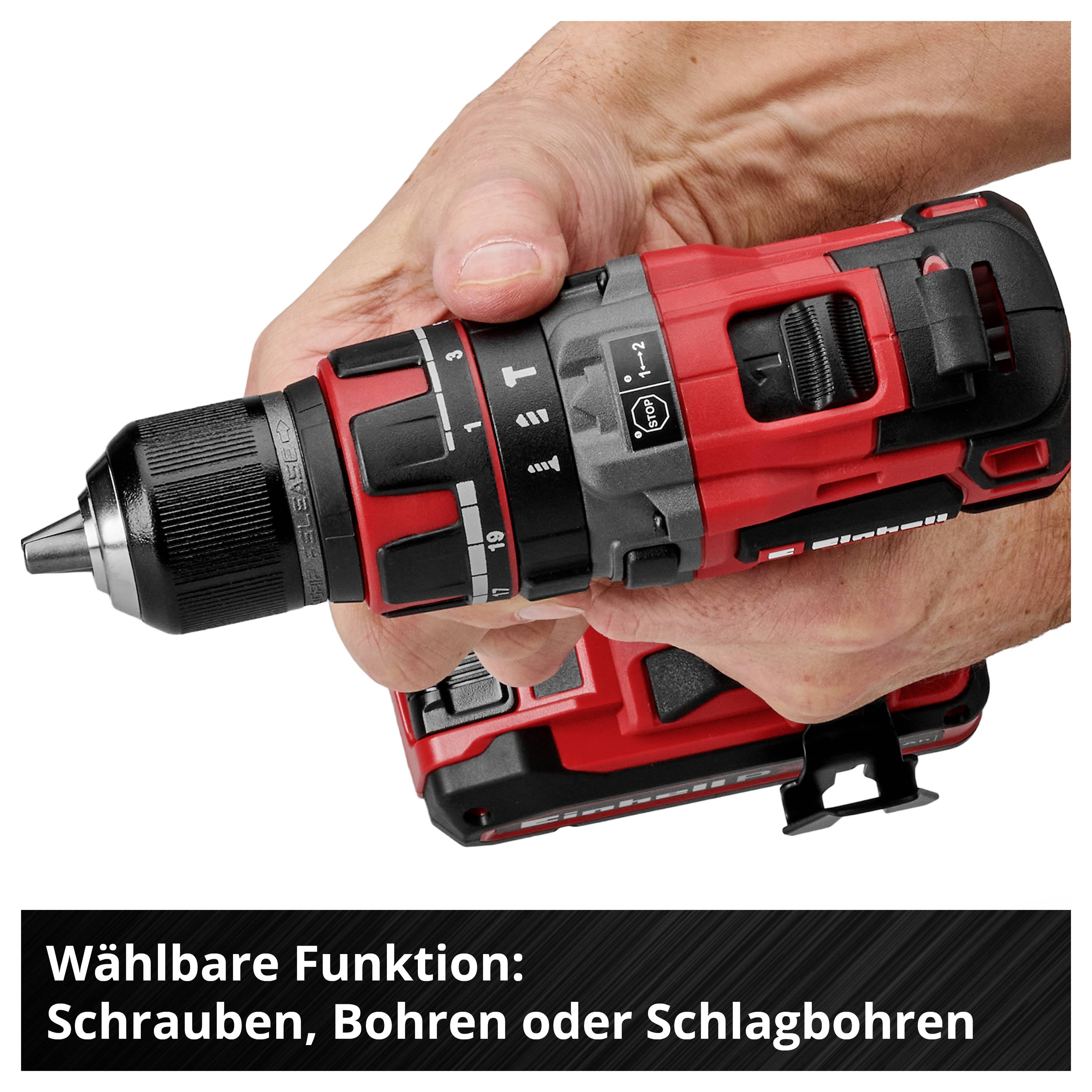 Hand hält einen roten Akku-Bohrschrauber mit den Funktionen Schrauben, Bohren oder Schlagbohren; darunter steht 'Wählbare Funktion: Schrauben, Bohren oder Schlagbohren'.