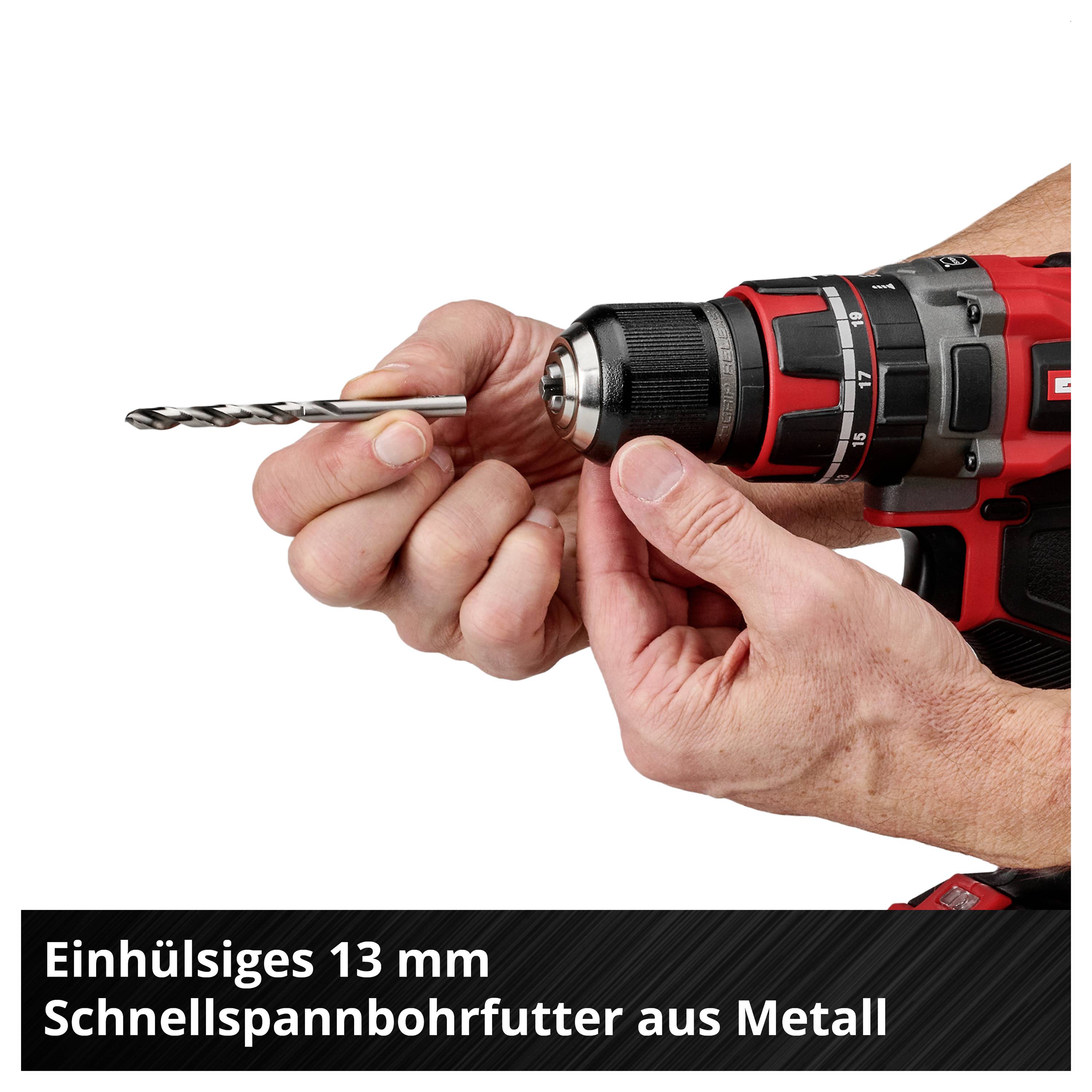 Hände halten einen Akkuschrauber; der Text nennt ein einhülsiges 13-mm-Schnellspannbohrfutter aus Metall.<br>