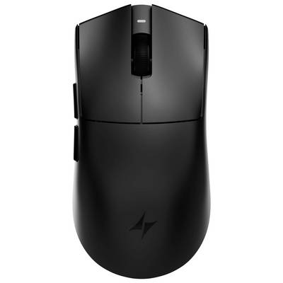 Draufsicht einer schwarzen kabellosen Computermaus mit Scrollrad und Seitentasten auf weißem Hintergrund.