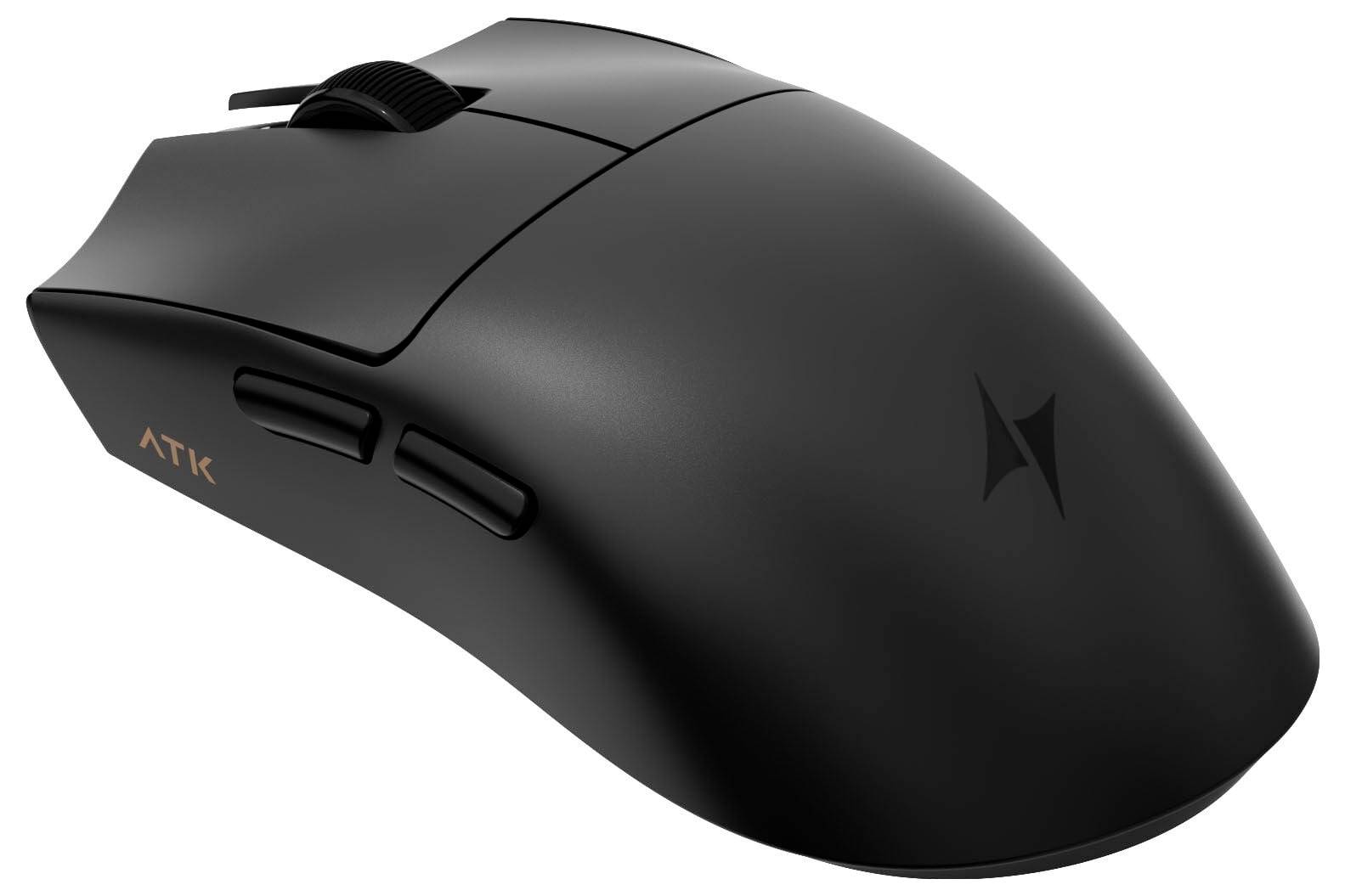 Schwarze ATK kabellose Gaming-Maus mit Scrollrad und Seitentasten auf weißem Hintergrund dargestellt.