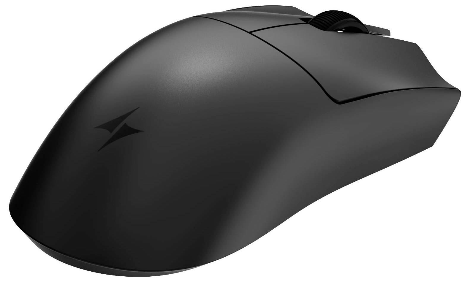 Schwarze kabellose Computermaus mit Scrollrad und Seitenlogo, gezeigt auf weißem Hintergrund.