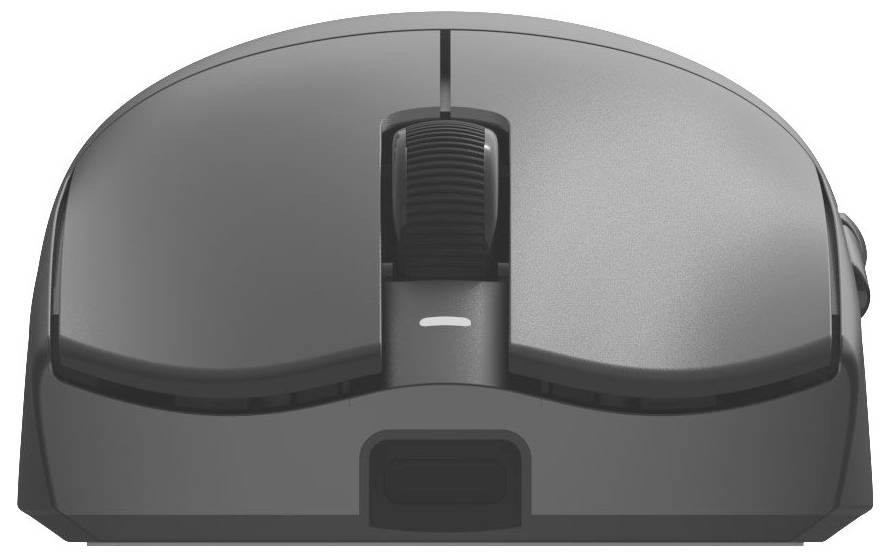 Graue kabellose Computermaus von oben gezeigt, mit einem zentralen Scrollrad und zwei Haupttasten.