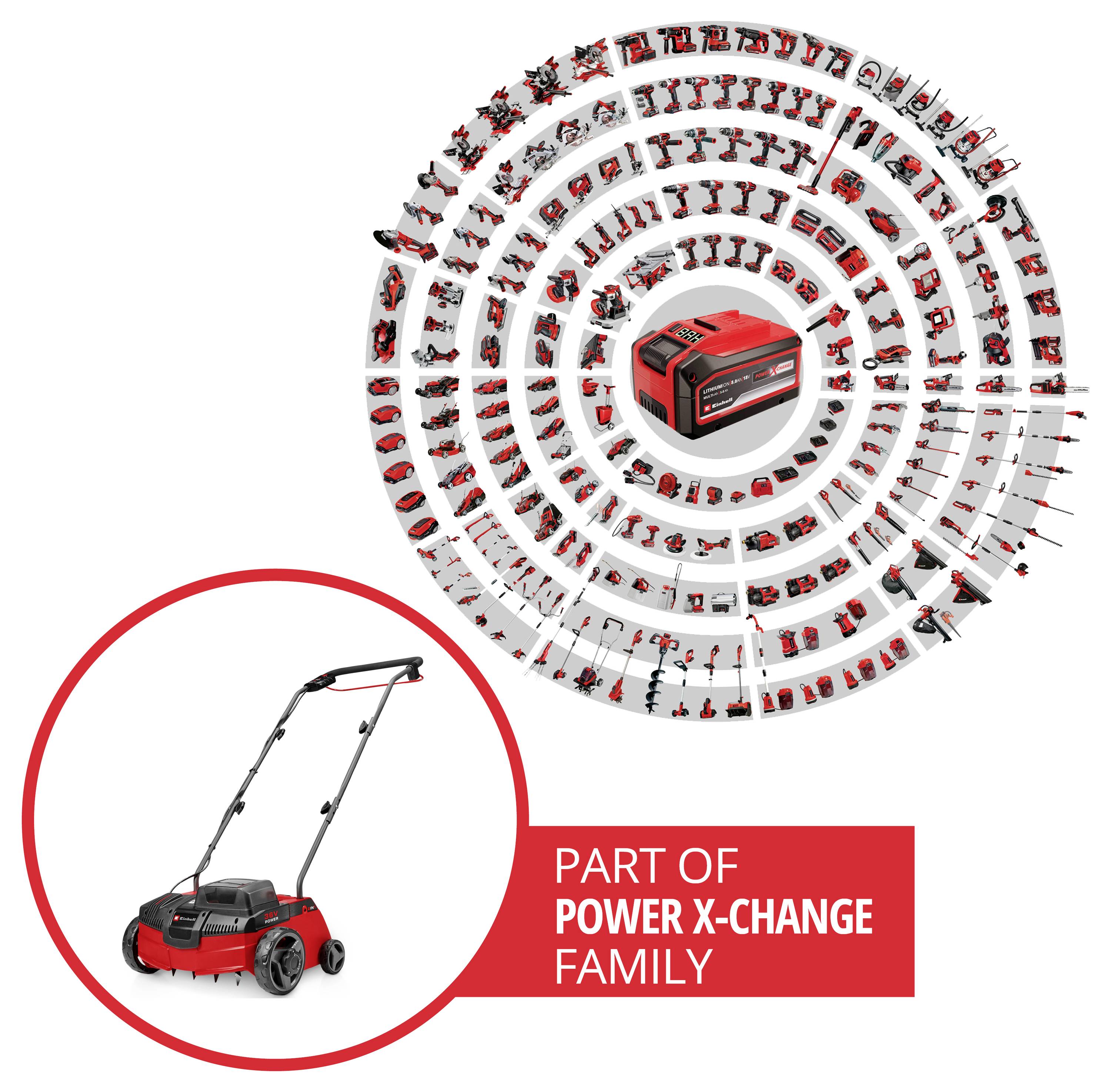 Rote schnurlose Rasenmäher in einer "Power X-Change Family"-Grafik, umgeben von einer kreisförmigen Anordnung kompatibler Werkzeuge und Batterien.