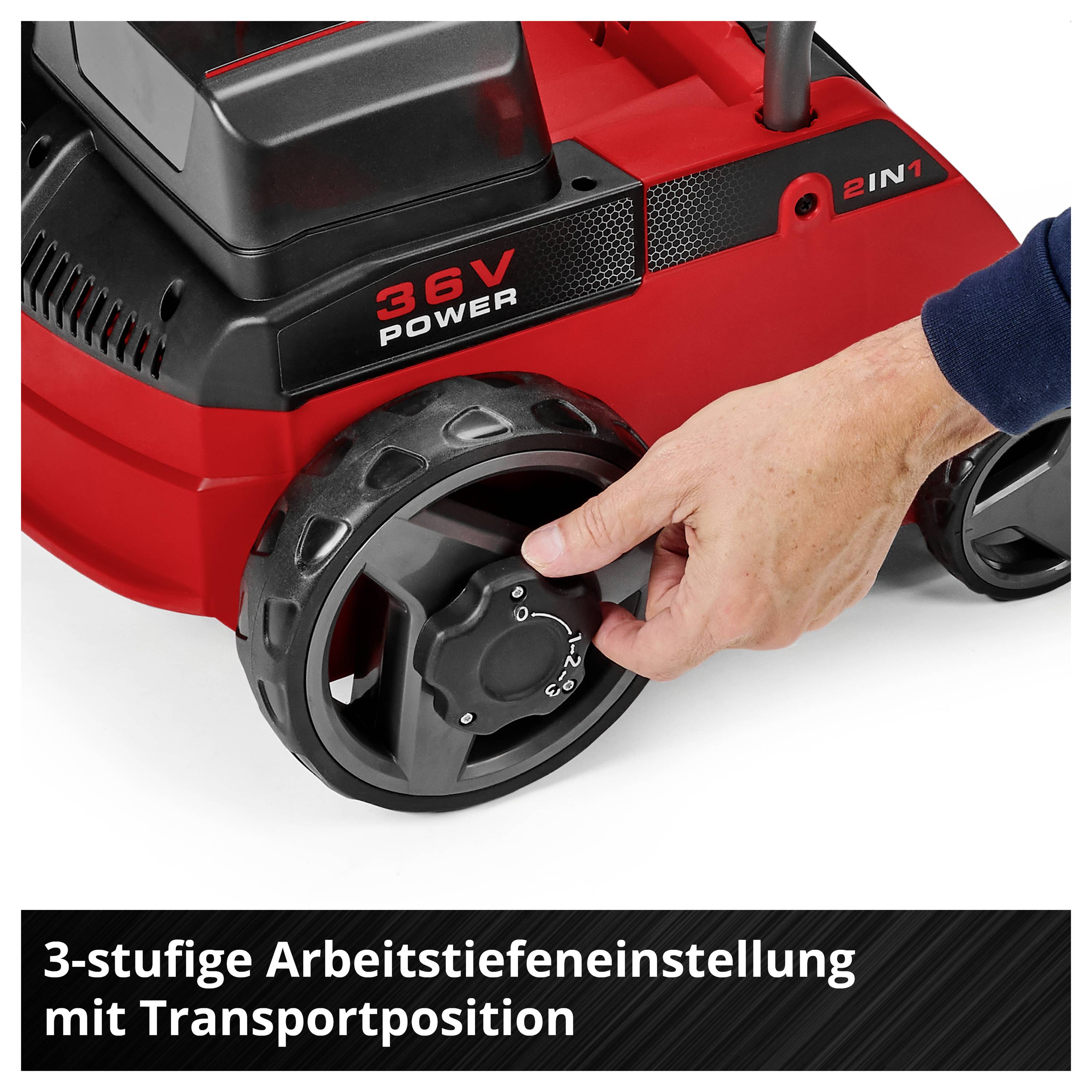 Hand stellt das Tiefeneinstellrad eines roten 36V 2-in-1-Geräts ein; Hinweistext: '3-stufige Arbeitstiefeneinstellung mit Transportposition'.