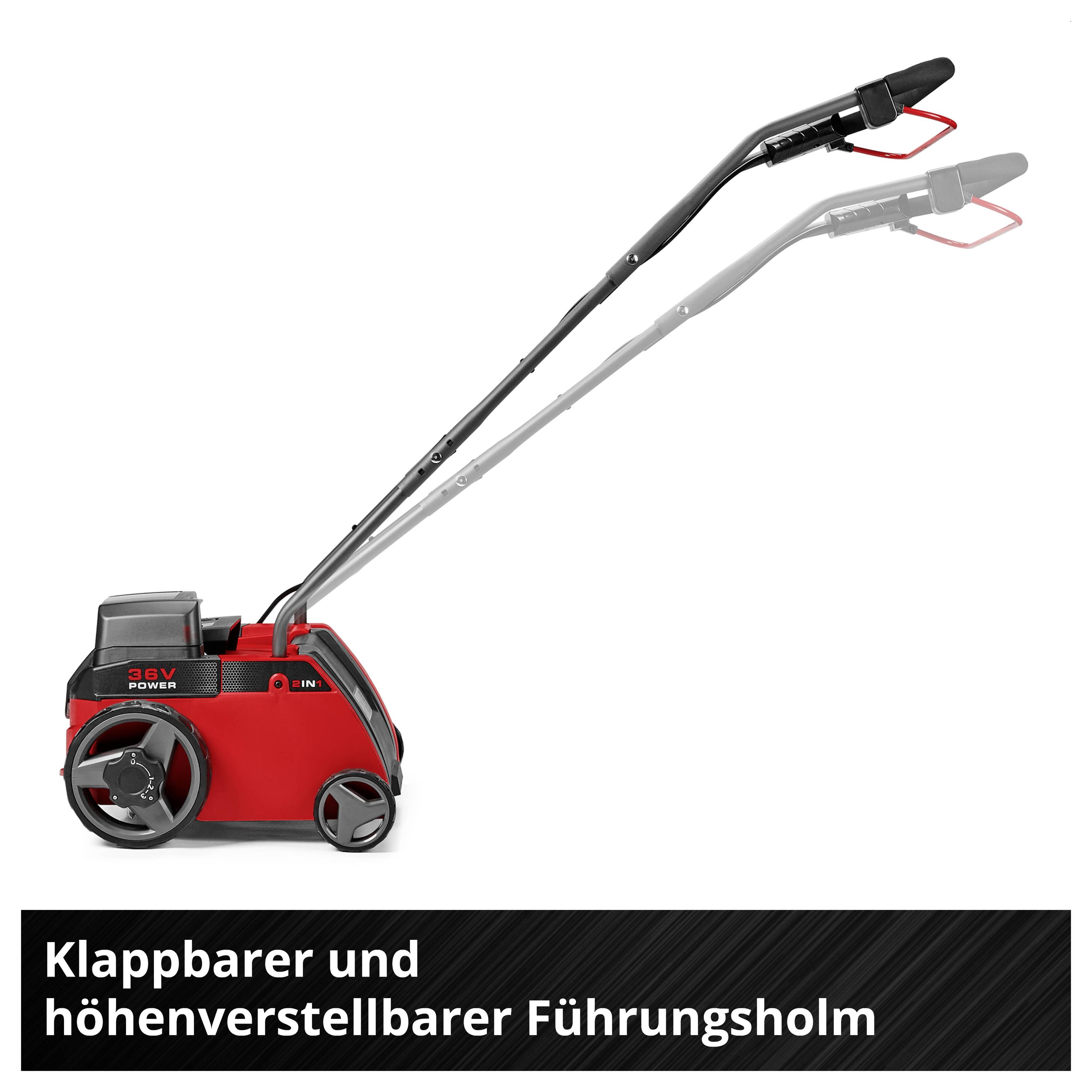Roter Akku-Schneefräser mit klappbarem, höhenverstellbarem Führungsholm; Text zeigt die verstellbare Grifffunktion.