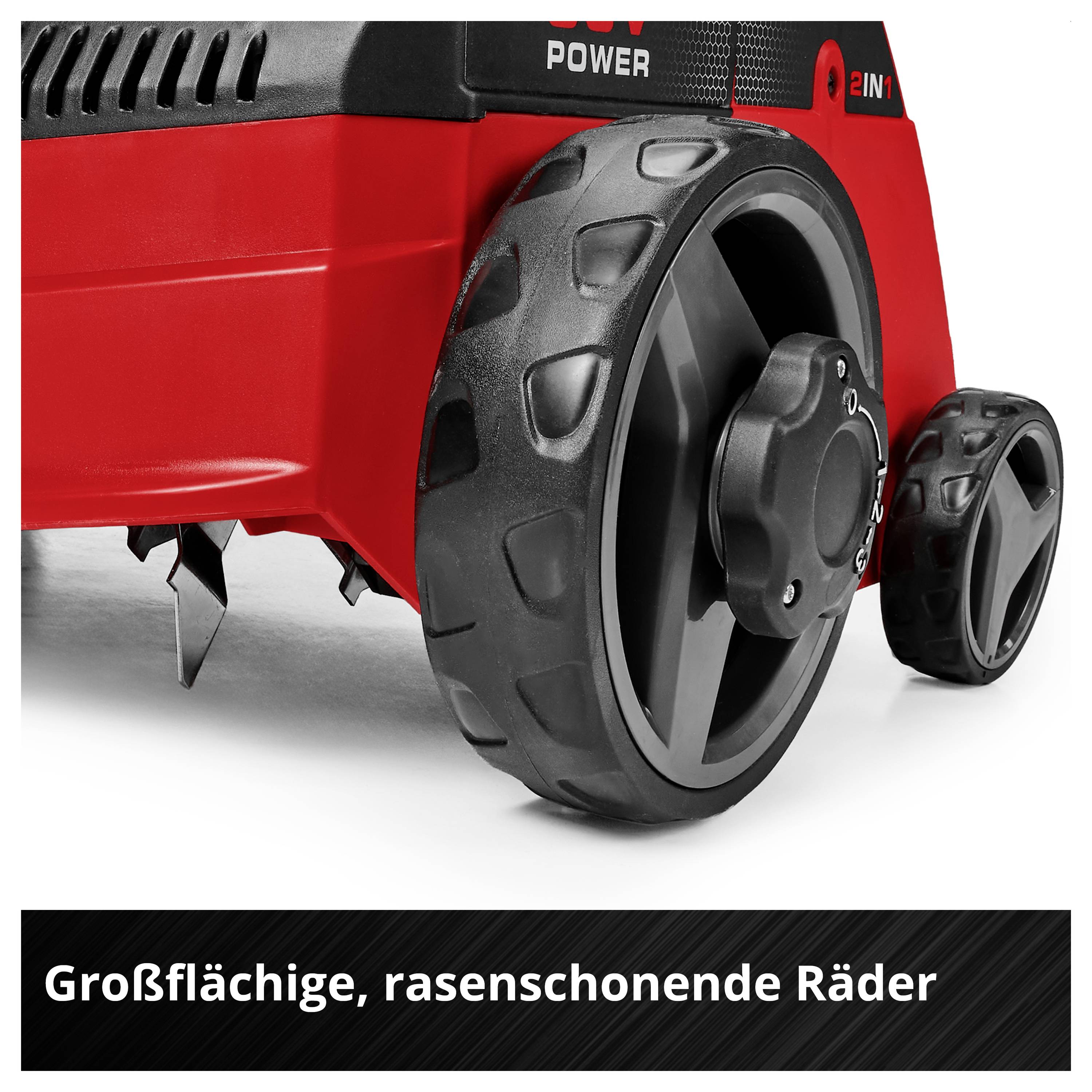 Nahaufnahme eines roten Rasenmähers mit großen, rasenschonenden Rädern; unten steht 'Großflächige, rasenschonende Räder'.