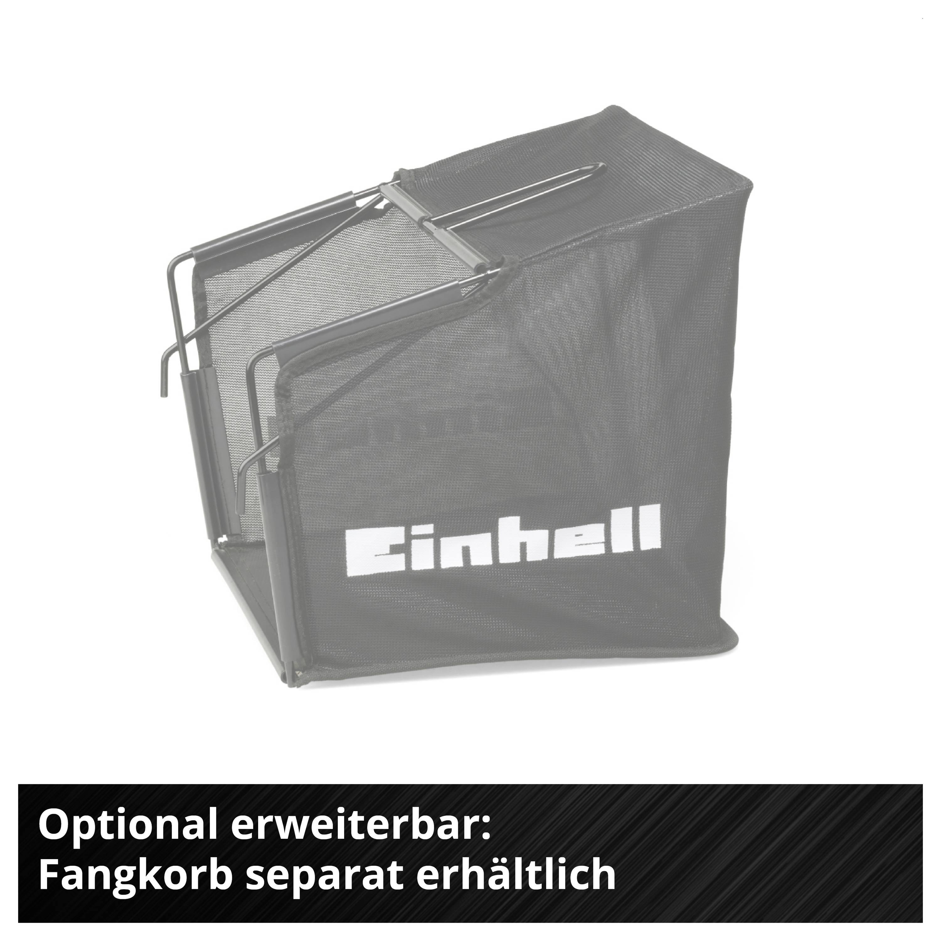 Schwarzer Fangkörb mit Einhell-Logo; optional erweiterbar, Fangkorb separat erhältlich.