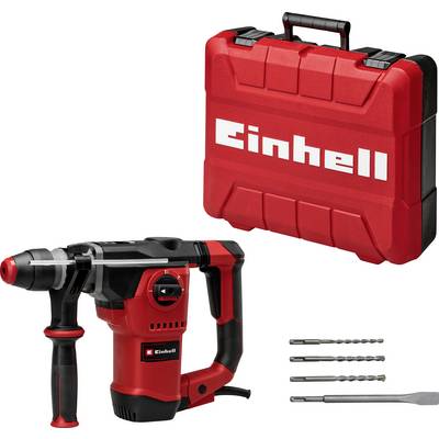 Einhell-Schlagbohrmaschinen-Set mit rotem Transportkoffer, Seitenschiff und drei Bohrern plus Meißel.
