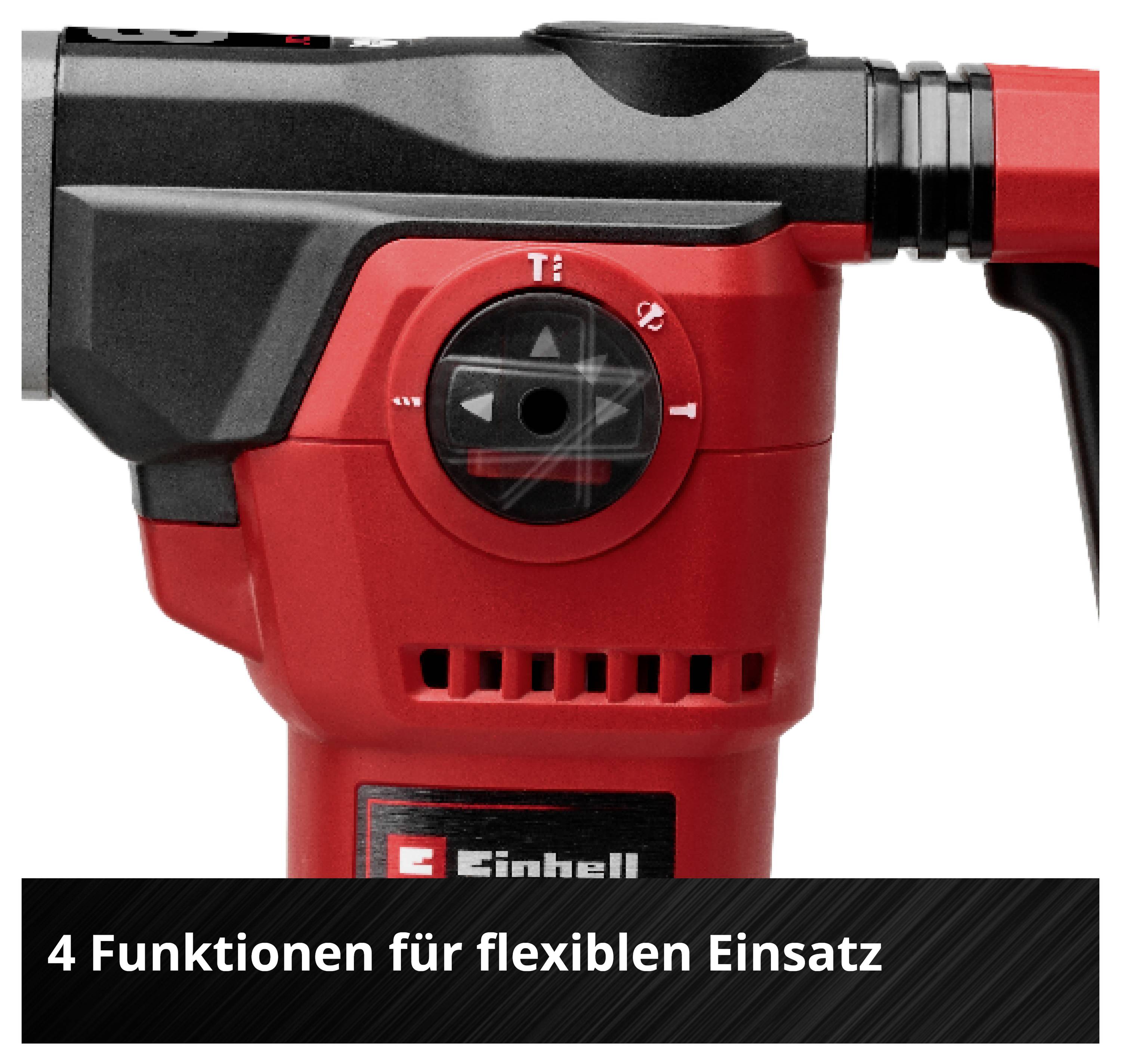 Produktbild eines roten Einhell-Bohrhammers mit Wahlschalter; darunter der Text '4 Funktionen für flexiblen Einsatz'.